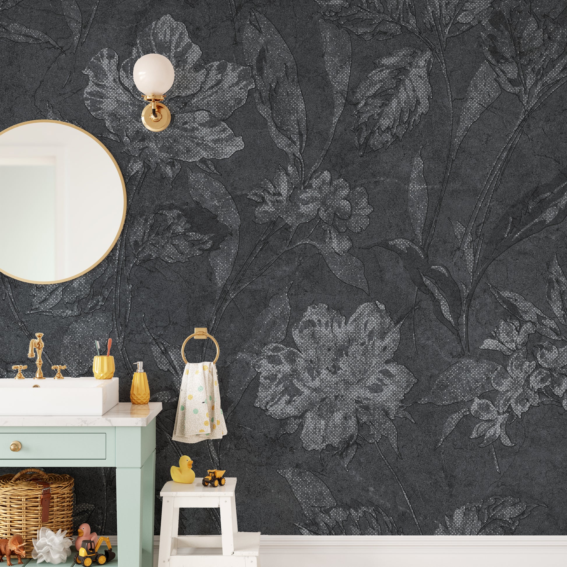 Floral Design on Black Background Wall Mural