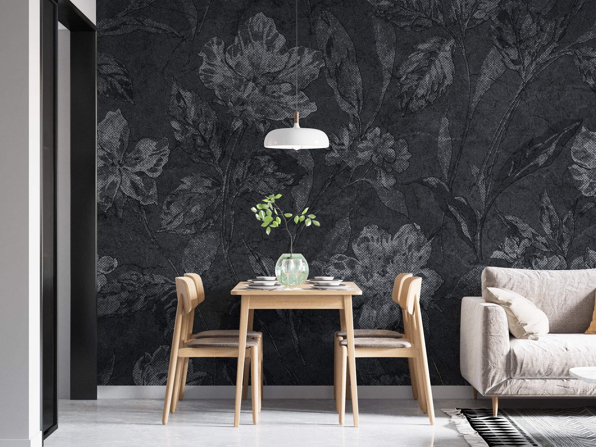 Flower Pattern on Black Background Wallpaper Mural