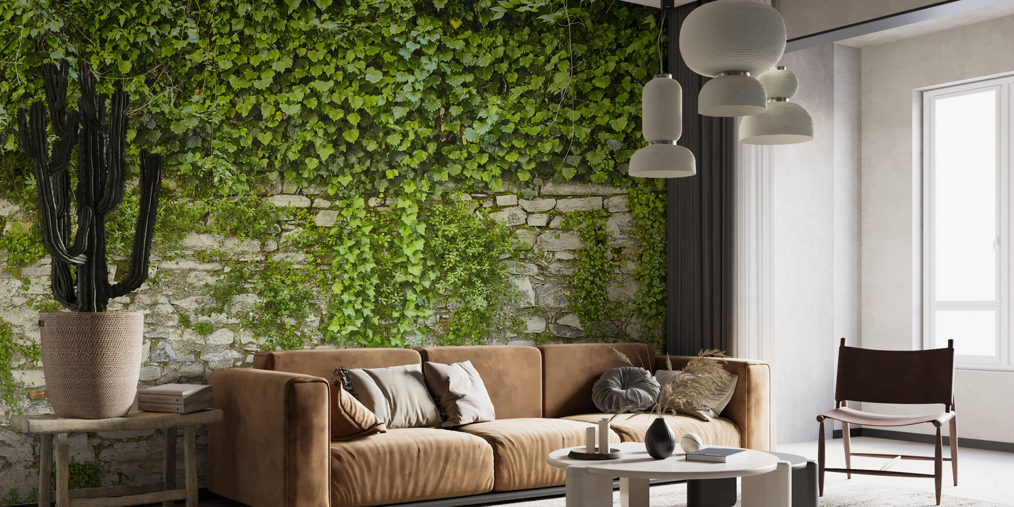 Vibrant green leaves hanging wall mural design
