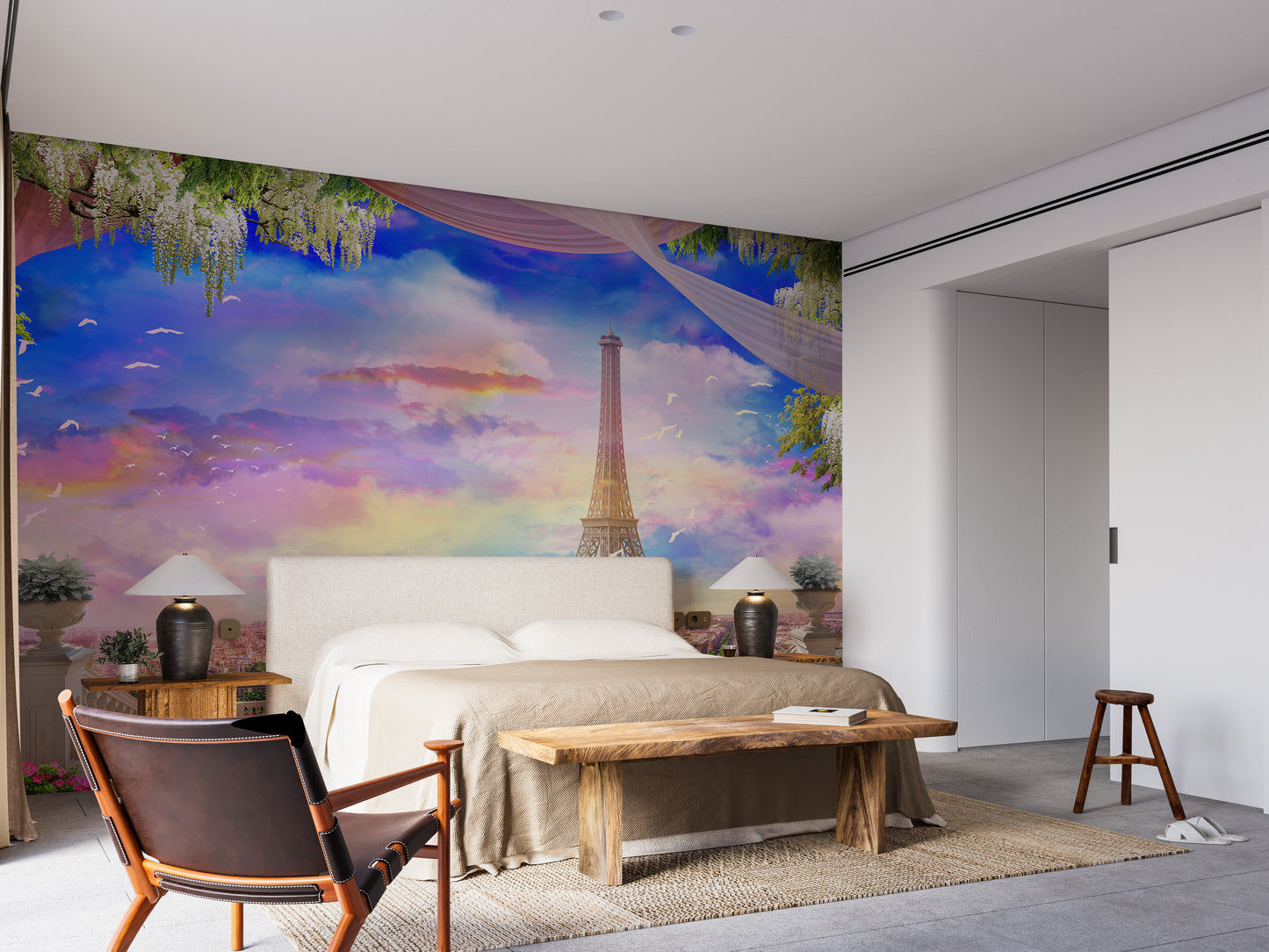 Dreamy Blush Sunset Over Paris Wallpaper Mural
