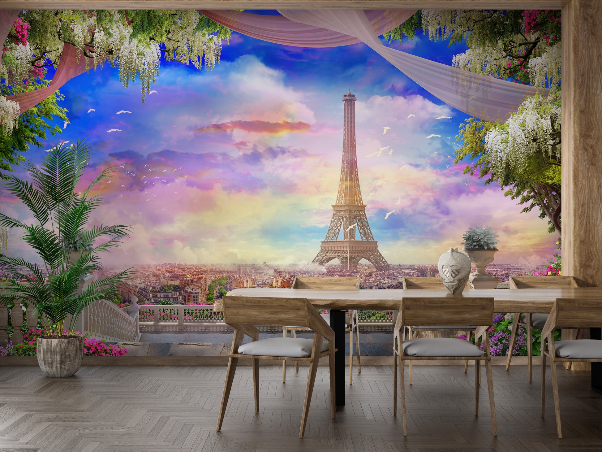 Scenic Blush Sunset Over Paris Wallpaper Mural
