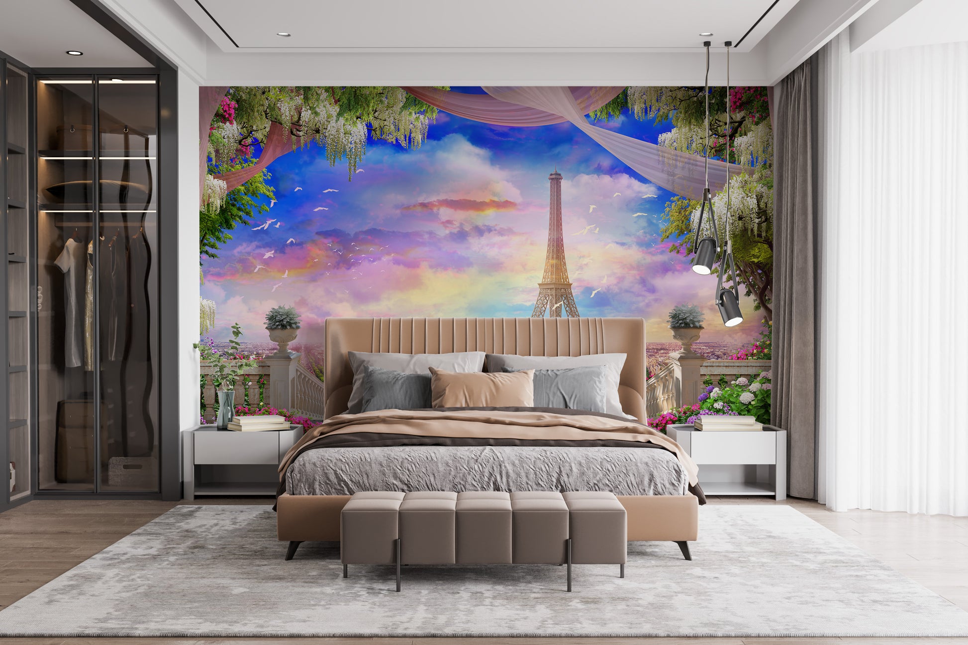 Warm Blush Sunset Over Paris Wallpaper Mural
