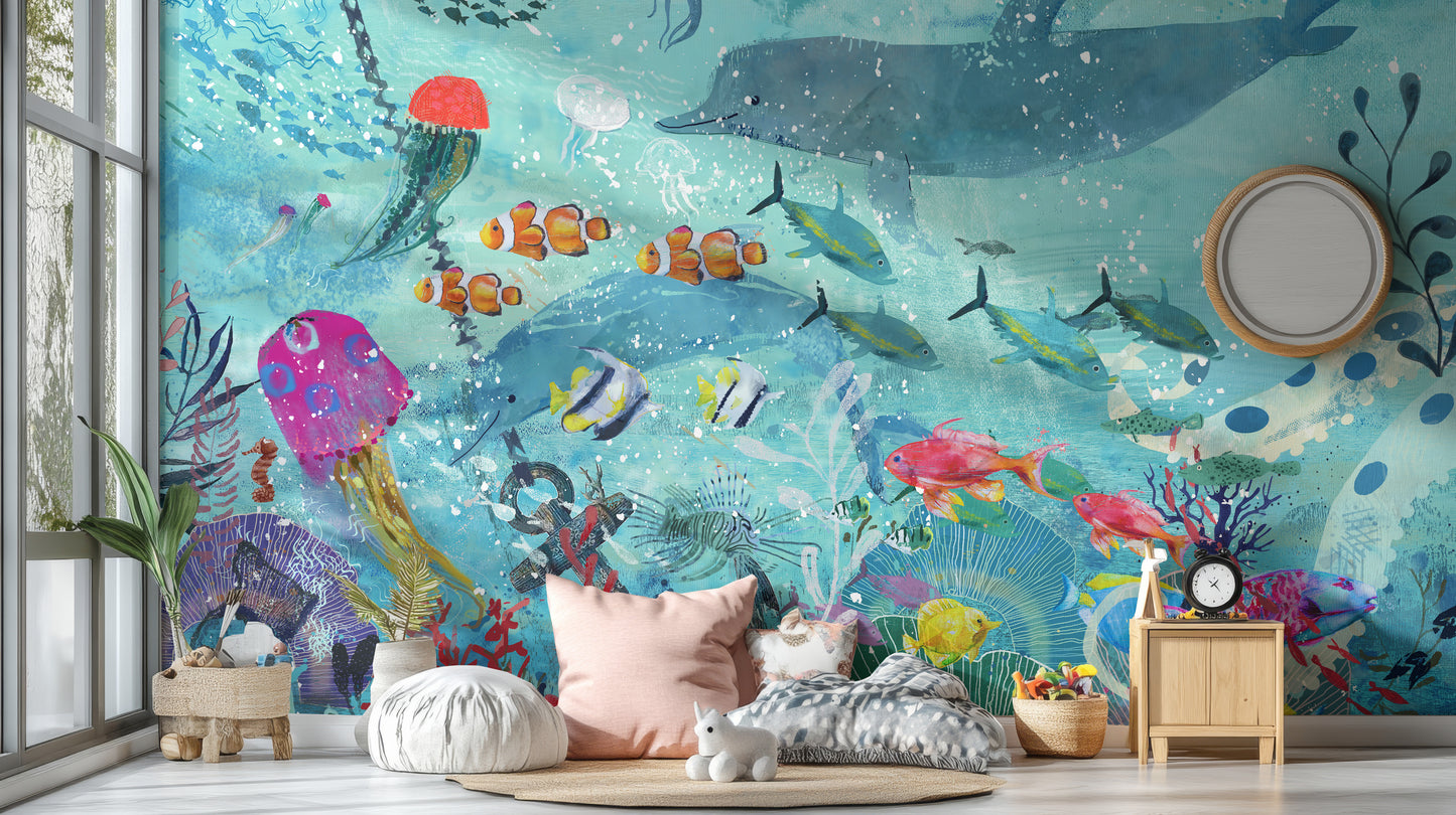 Marine Life Watercolor Art Wallpaper Mural
