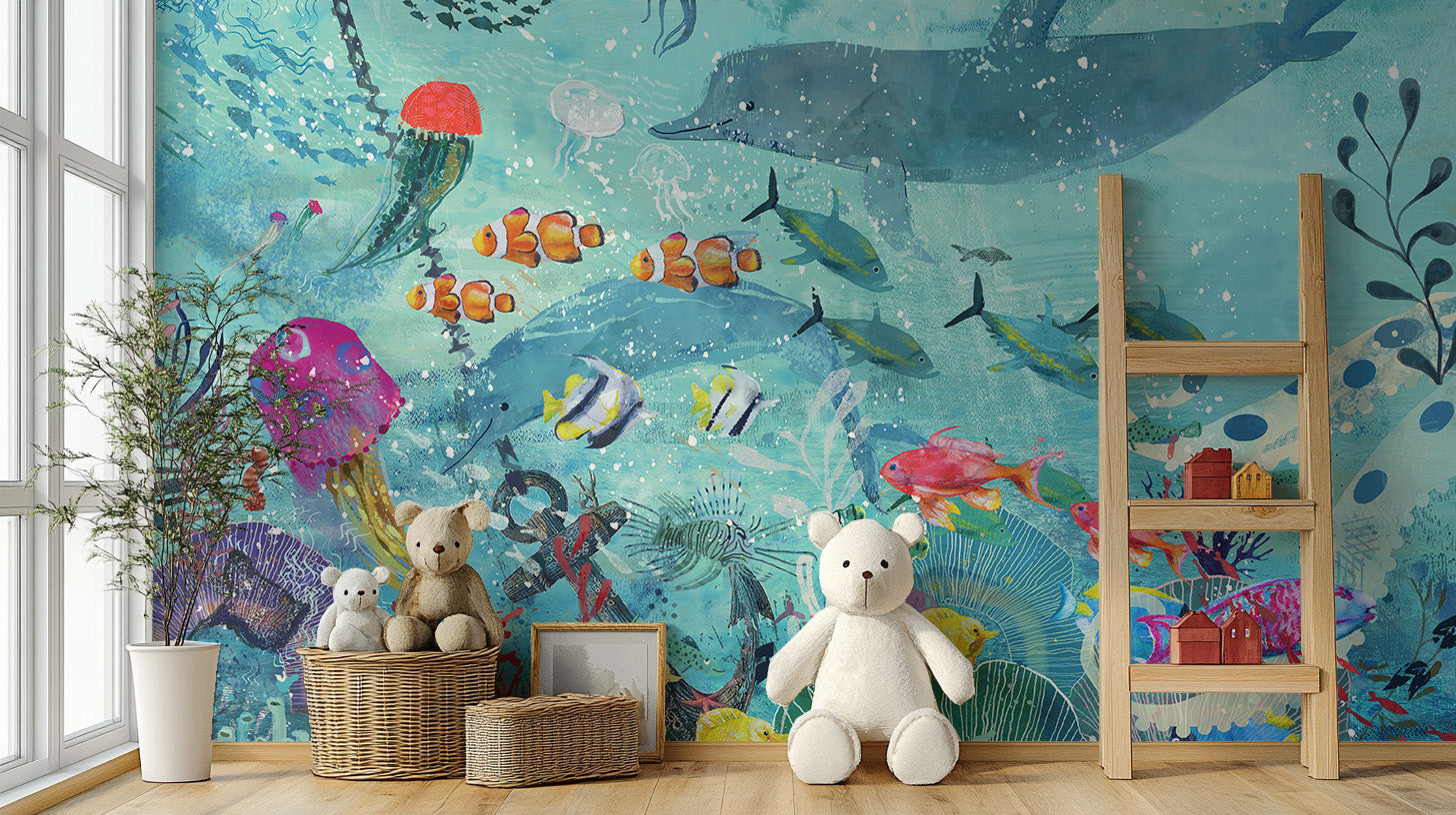 Marine Life Watercolor Wallpaper Mural for Decor
