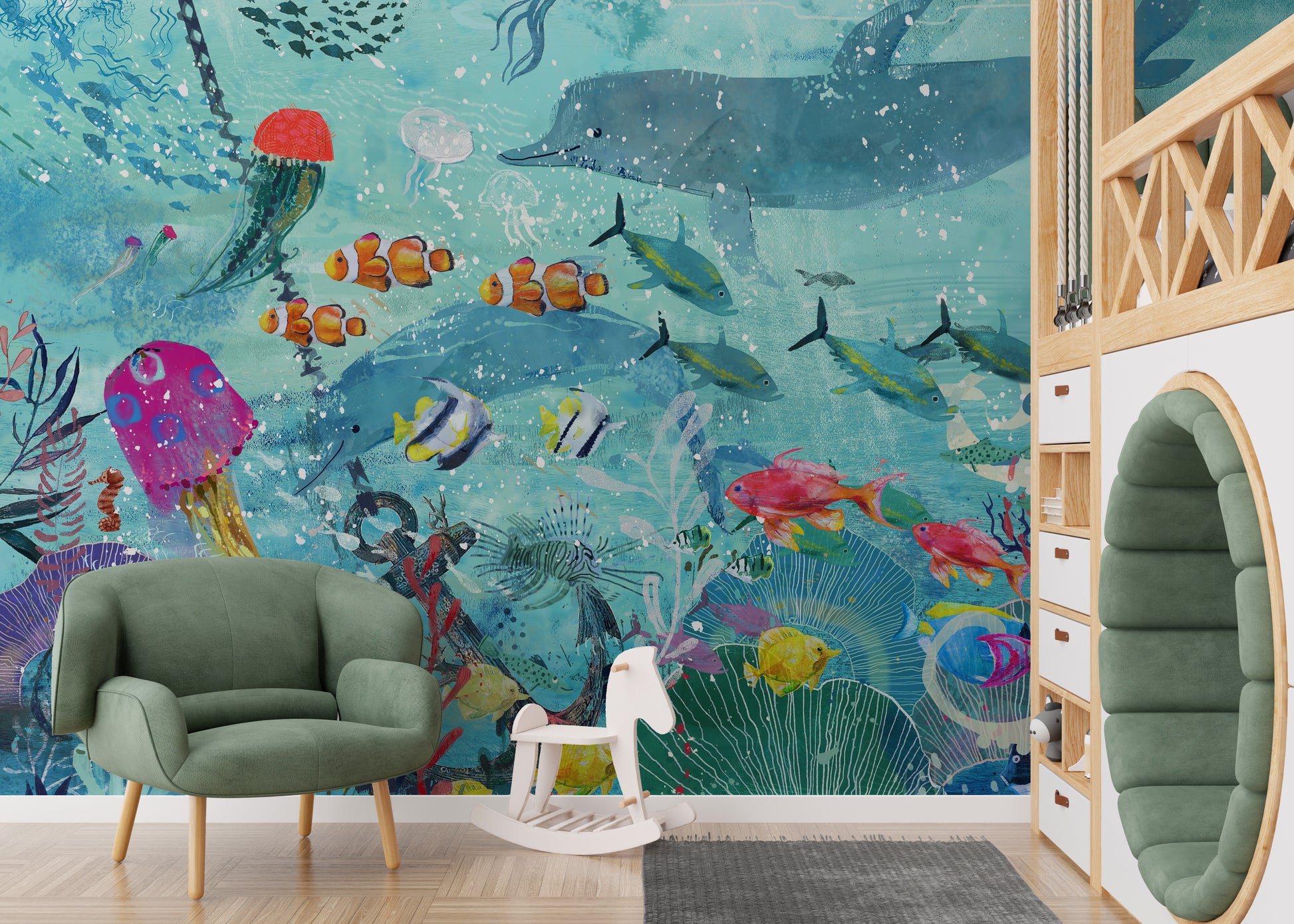 Marine Life Watercolor Mural Wallpaper for Rooms
