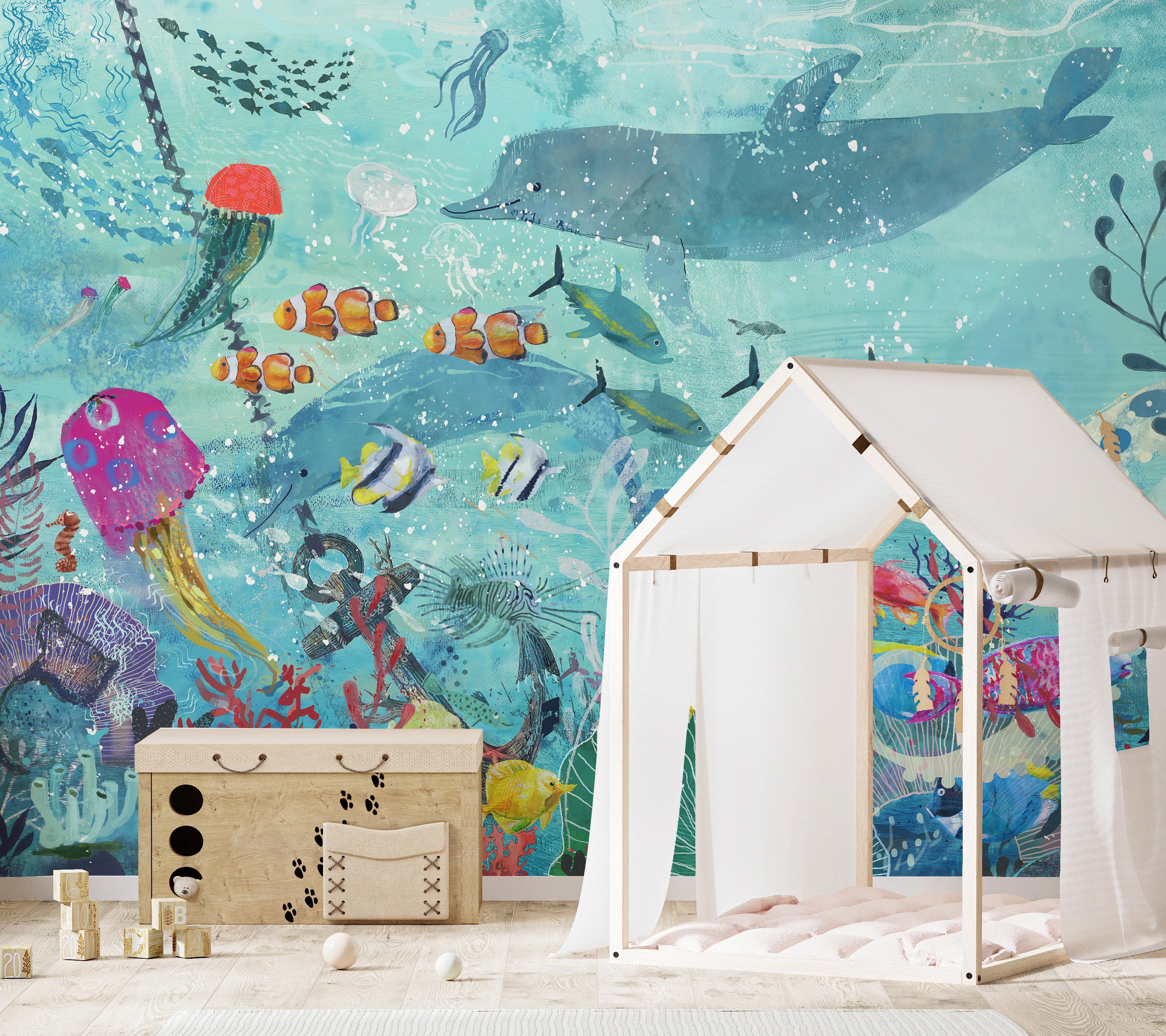 Watercolor Marine Life Wallpaper Mural for Spaces
