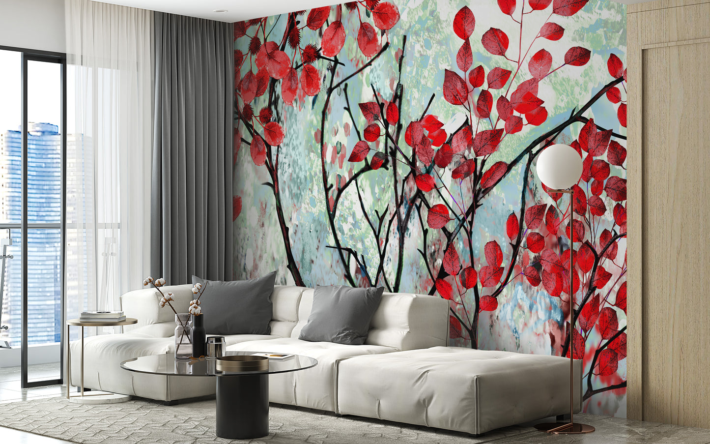 Bright Red Leaves Wallpaper Mural for lively decor
