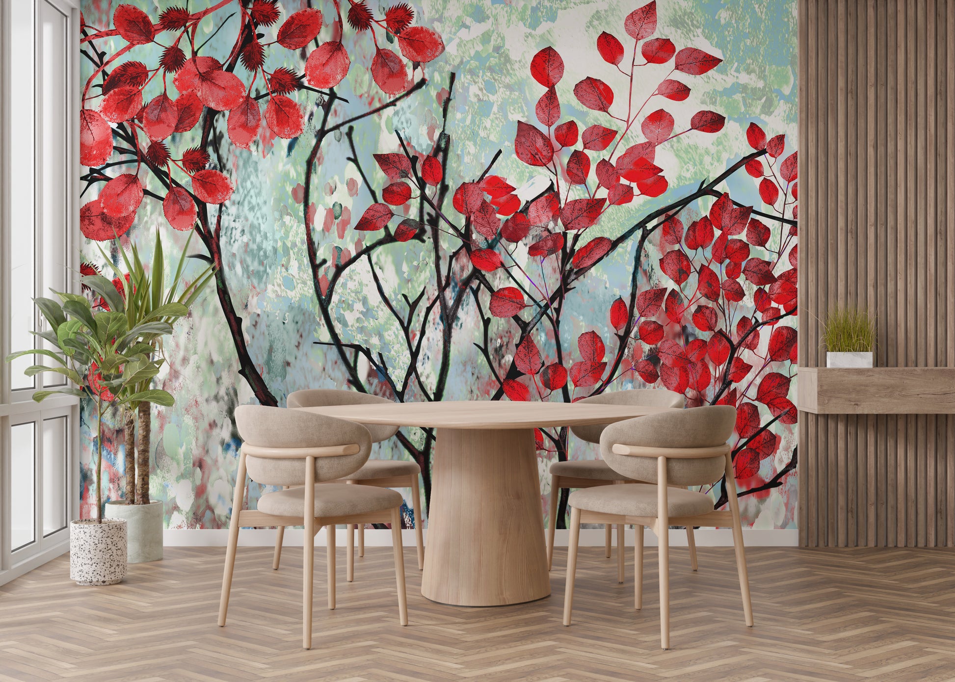 Vibrant Red Leaves Wall Mural to brighten up walls
