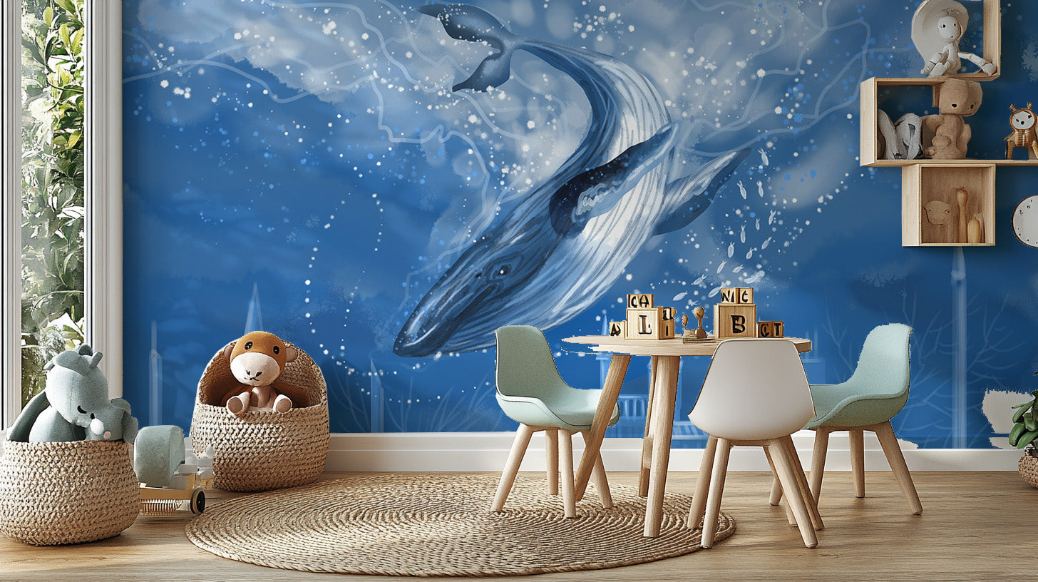 Blue Whale Tales Wallpaper Mural with a city twist
