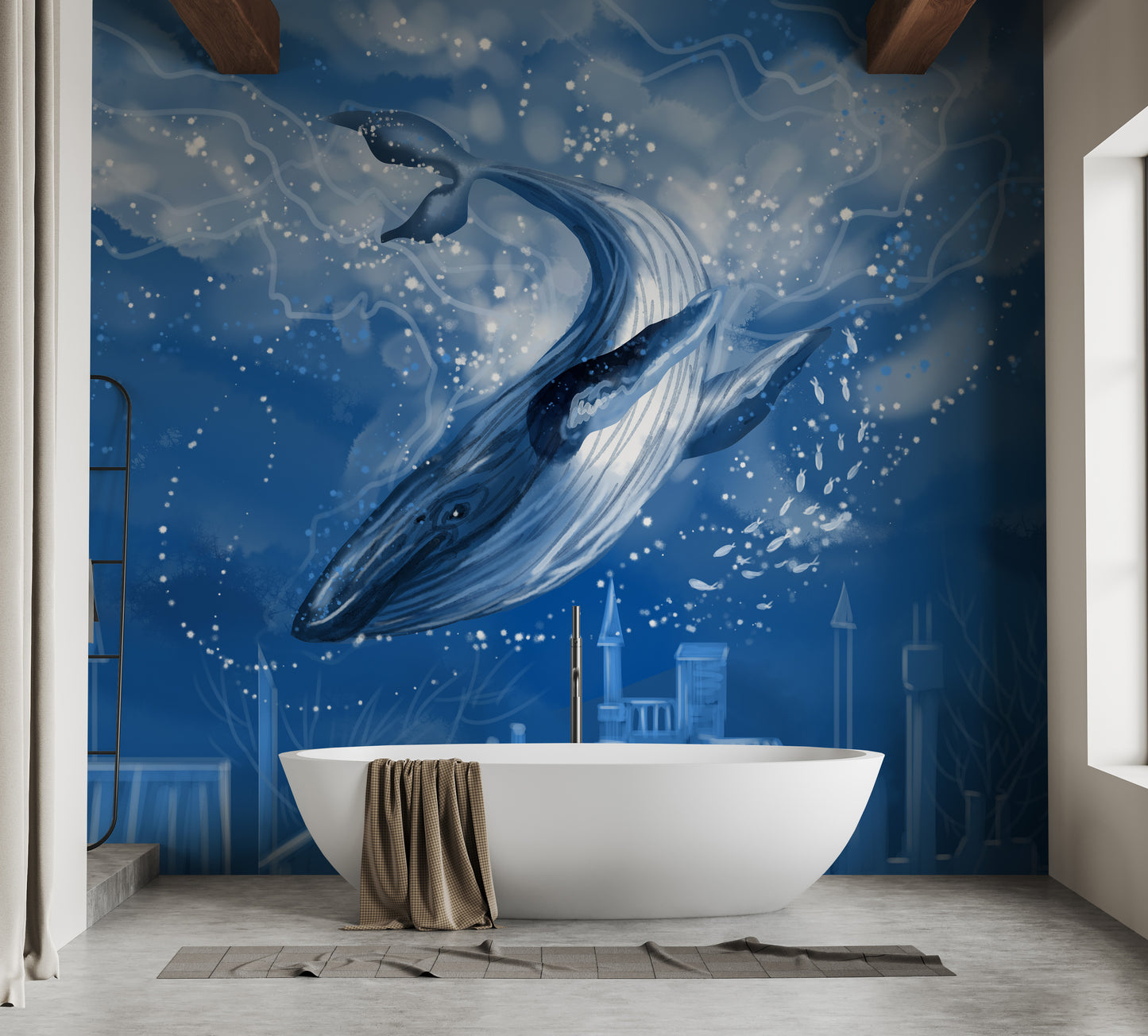 City and Blue Whale Tales Wallpaper Mural for modern style
