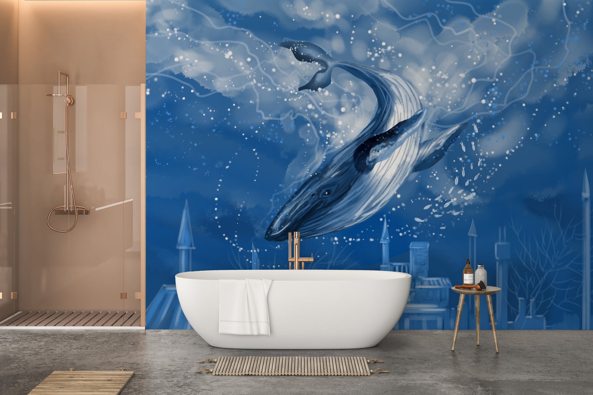 Blue Whale City Wall Mural for a creative atmosphere
