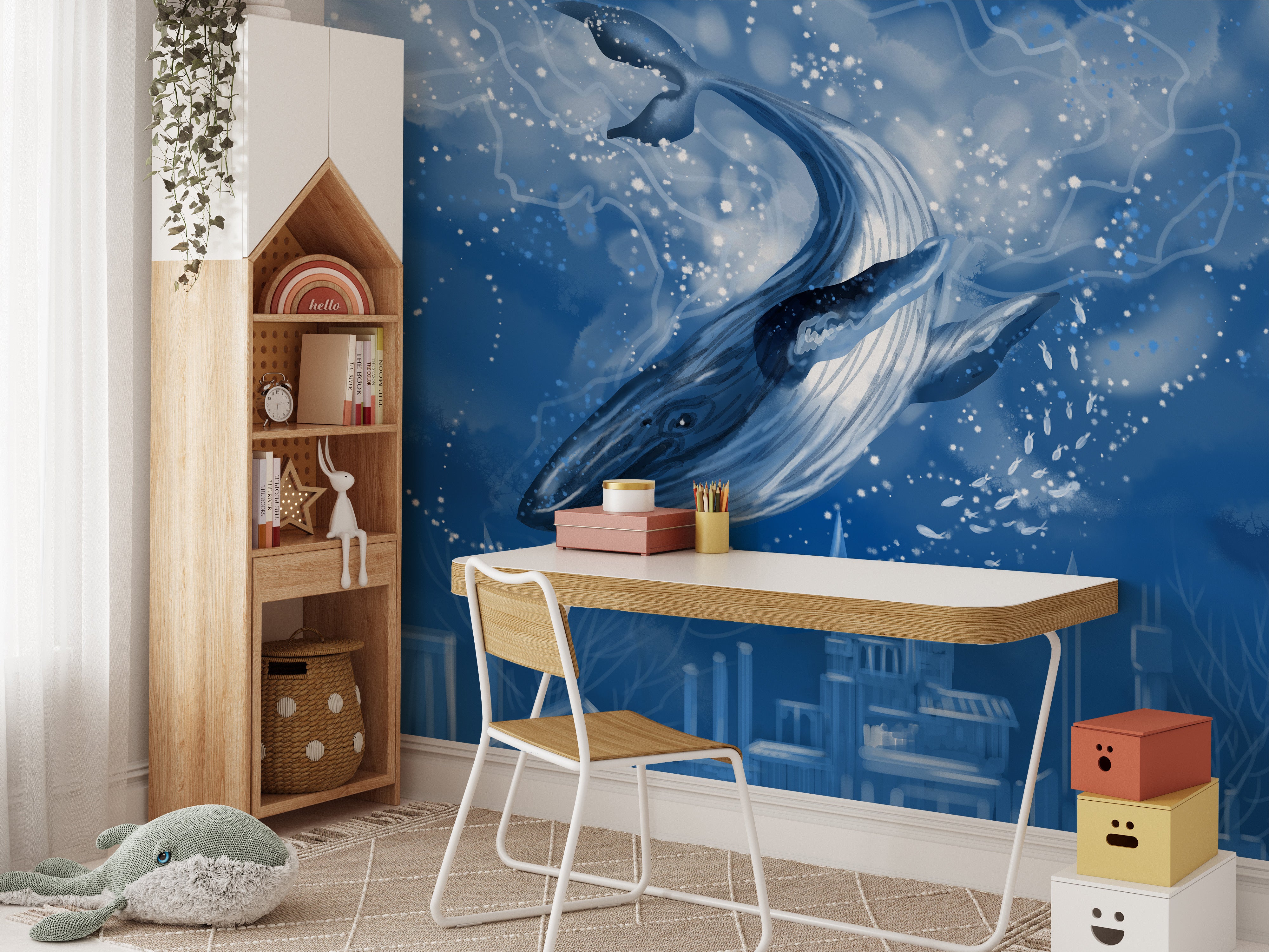 Blue Whale Tales Wallpaper Mural with city vibe
