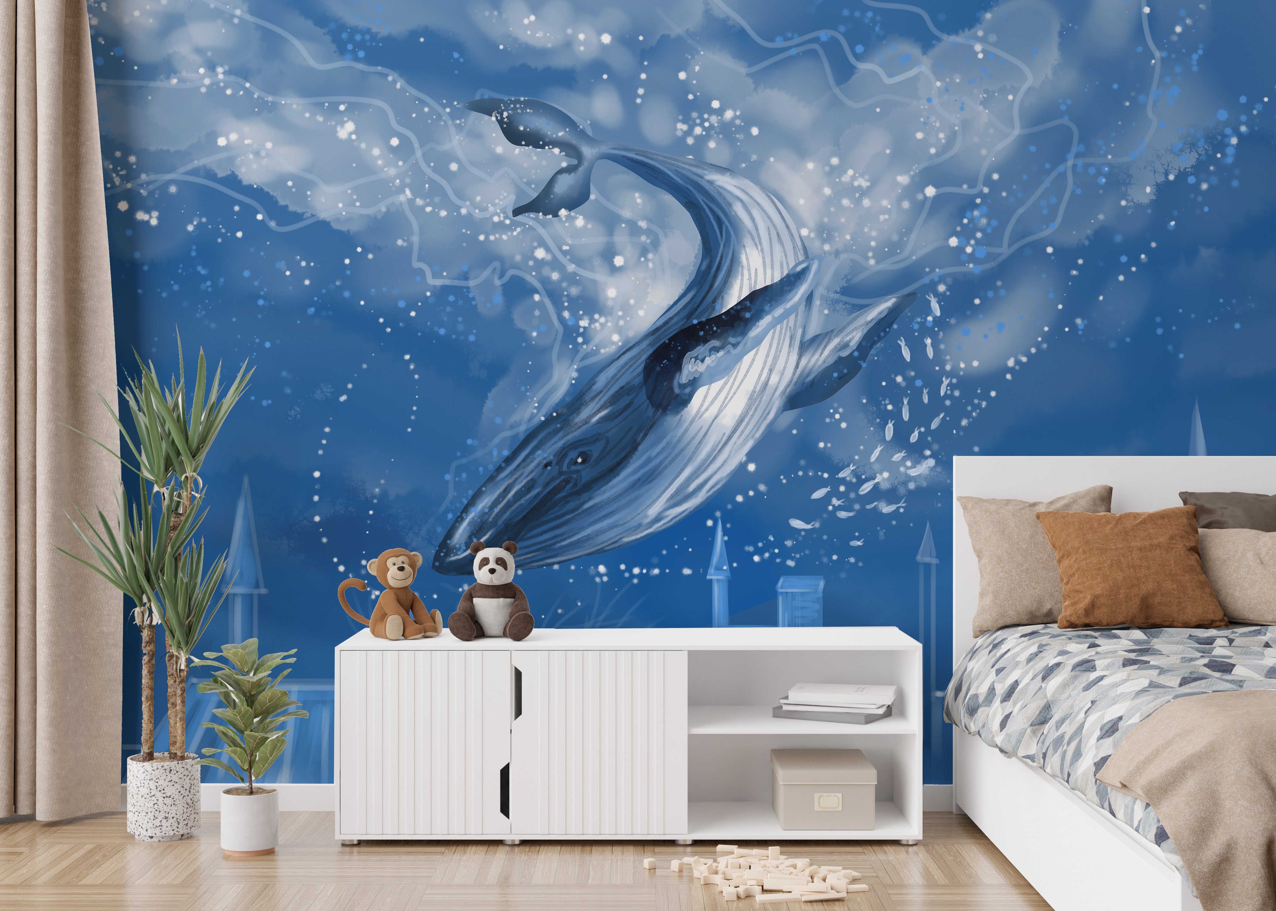 Blue Whale in the City Wall Mural for unique decor
