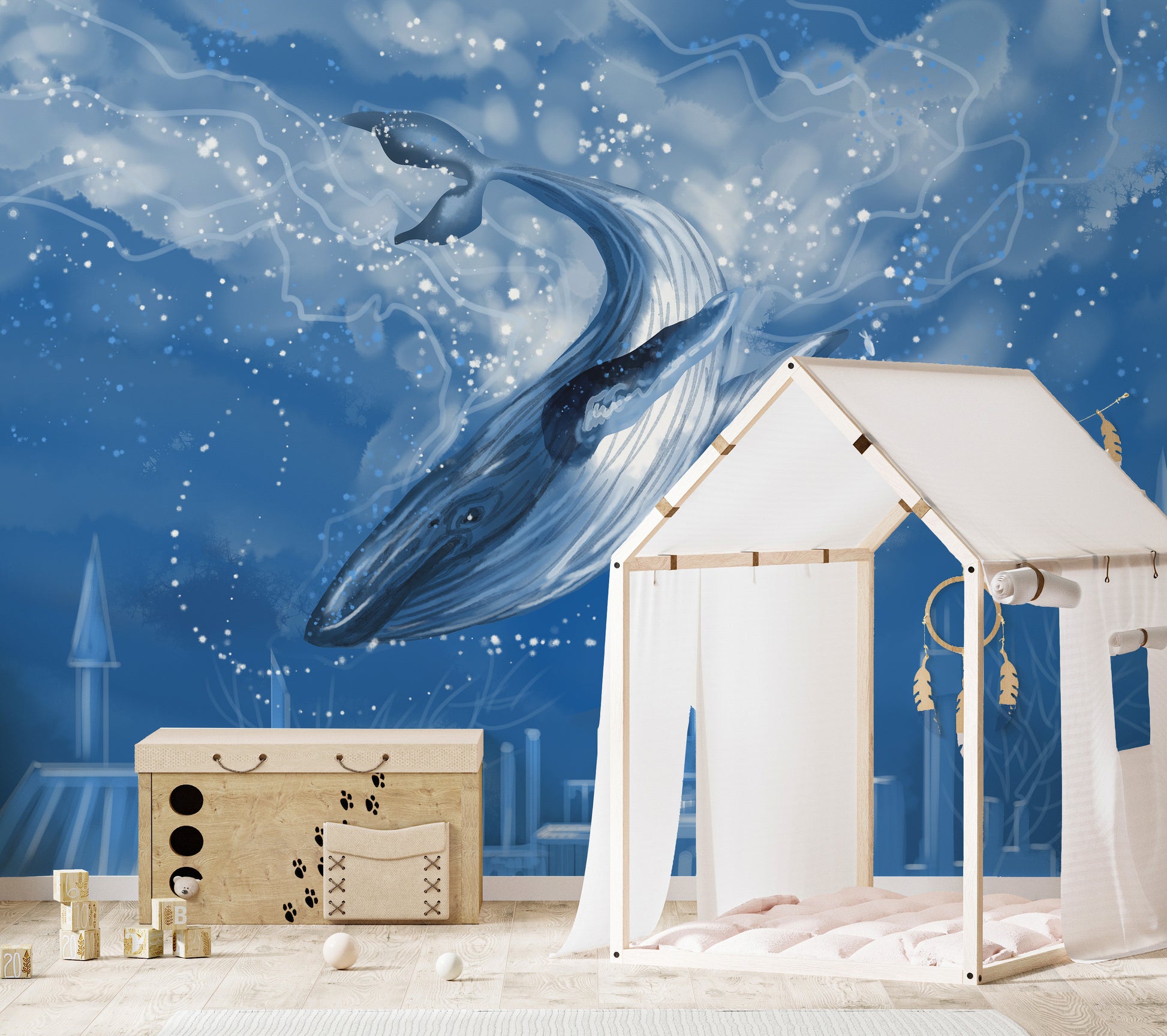 Blue Whale Tales Wallpaper Mural with city backdrop
