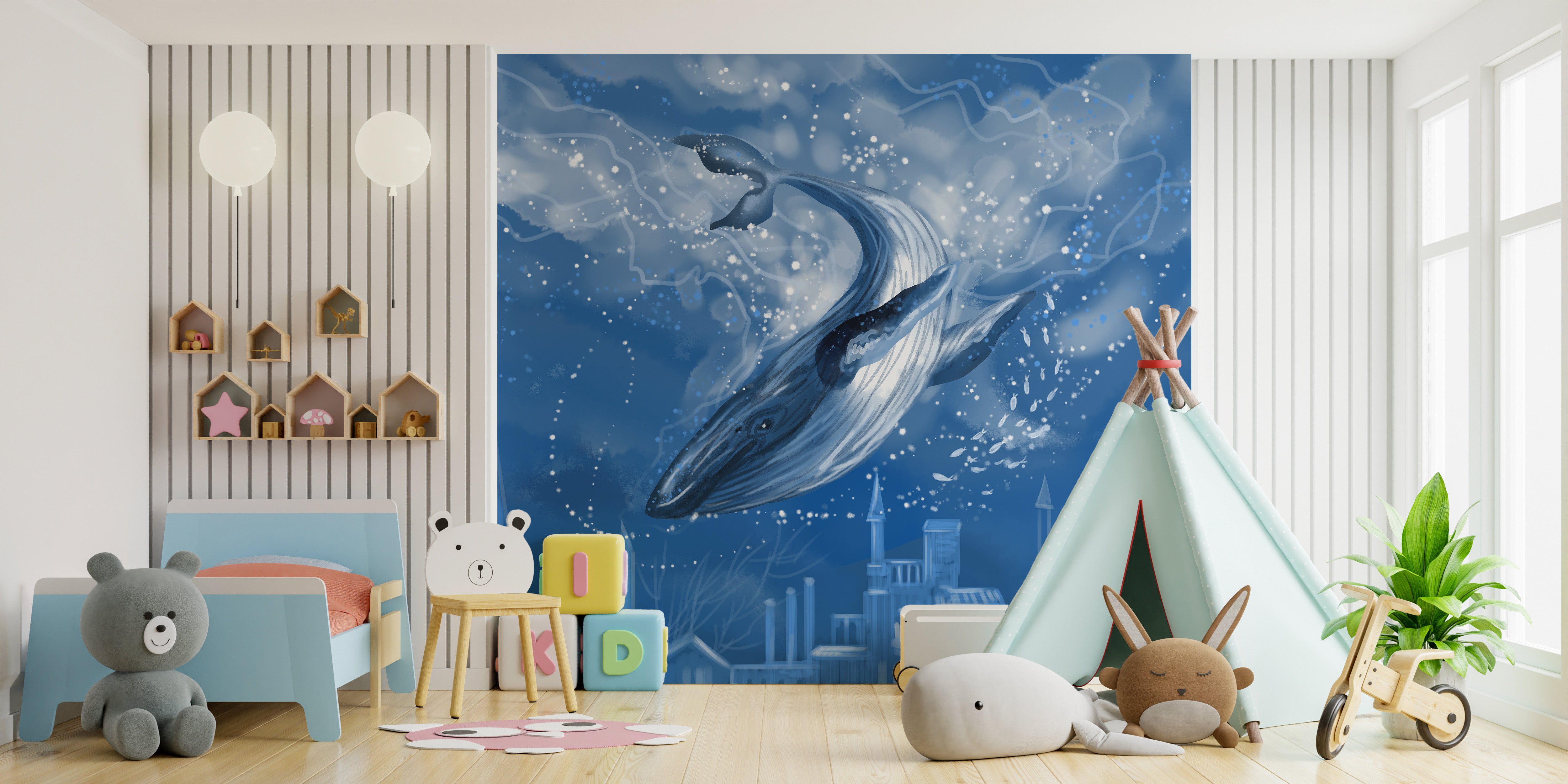 Blue Whale City Tales Wallpaper Mural for creative spaces
