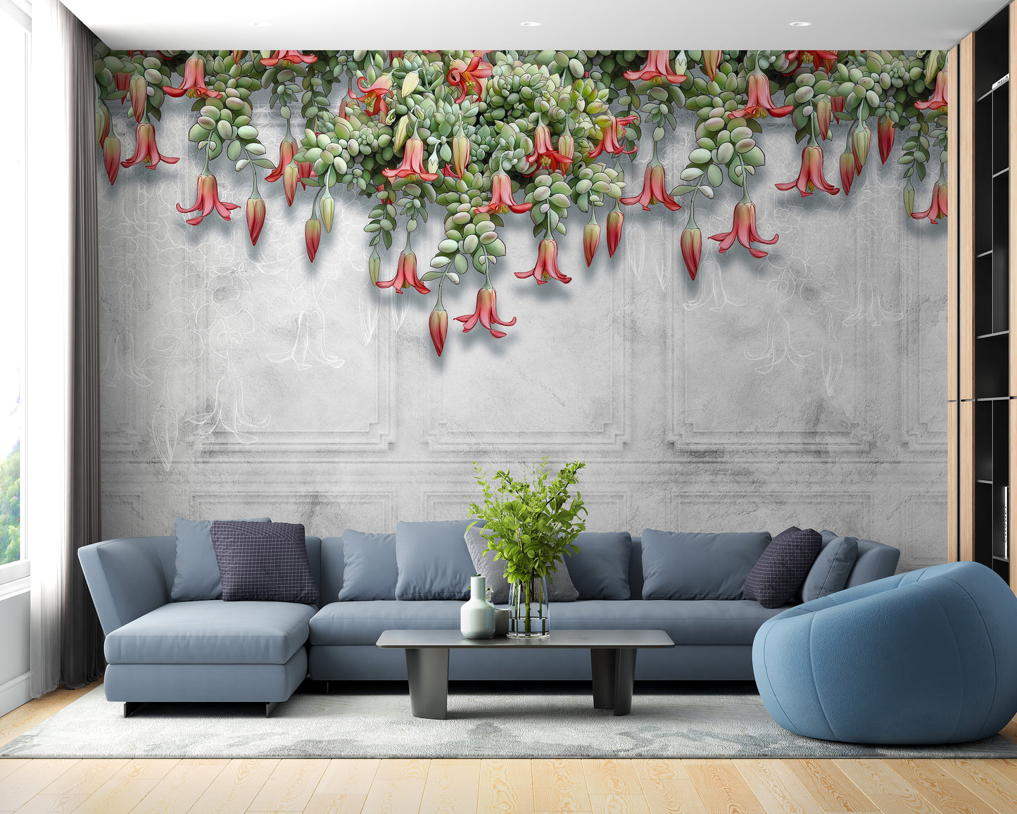 Concrete with Tropical Blooms Wall Mural for fresh style
