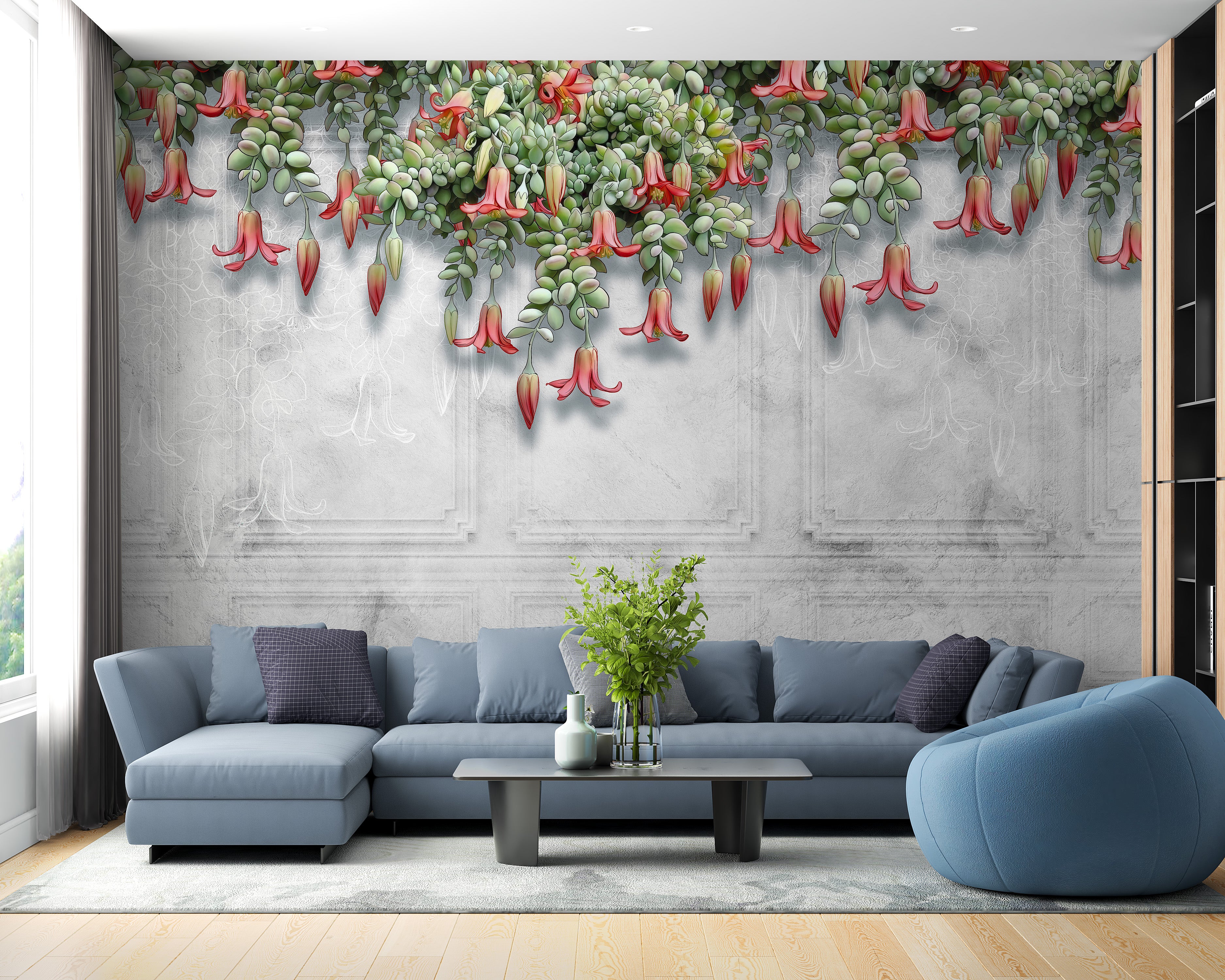 Concrete with Tropical Blooms Wall Mural for fresh style
