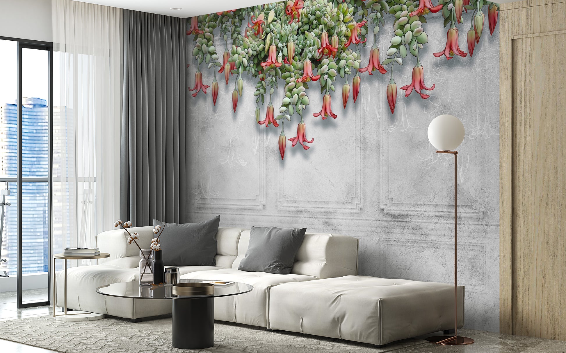 Tropical Blooms Concrete Wall Mural for modern spaces
