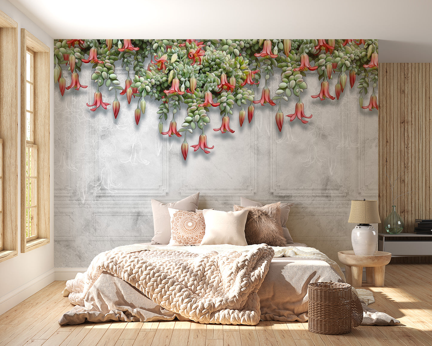 Bold Tropical Blooms on Concrete Wall Mural design
