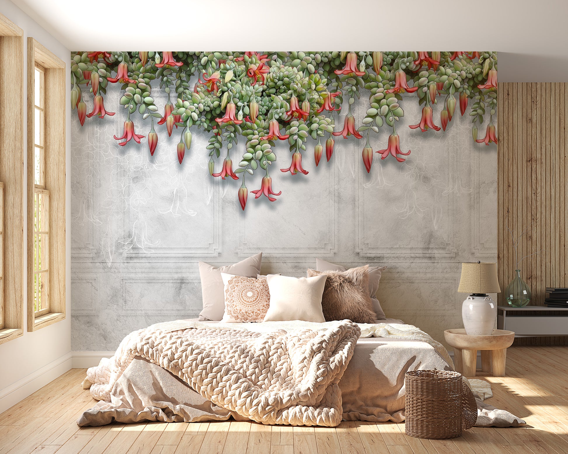 Bold Tropical Blooms on Concrete Wall Mural design
