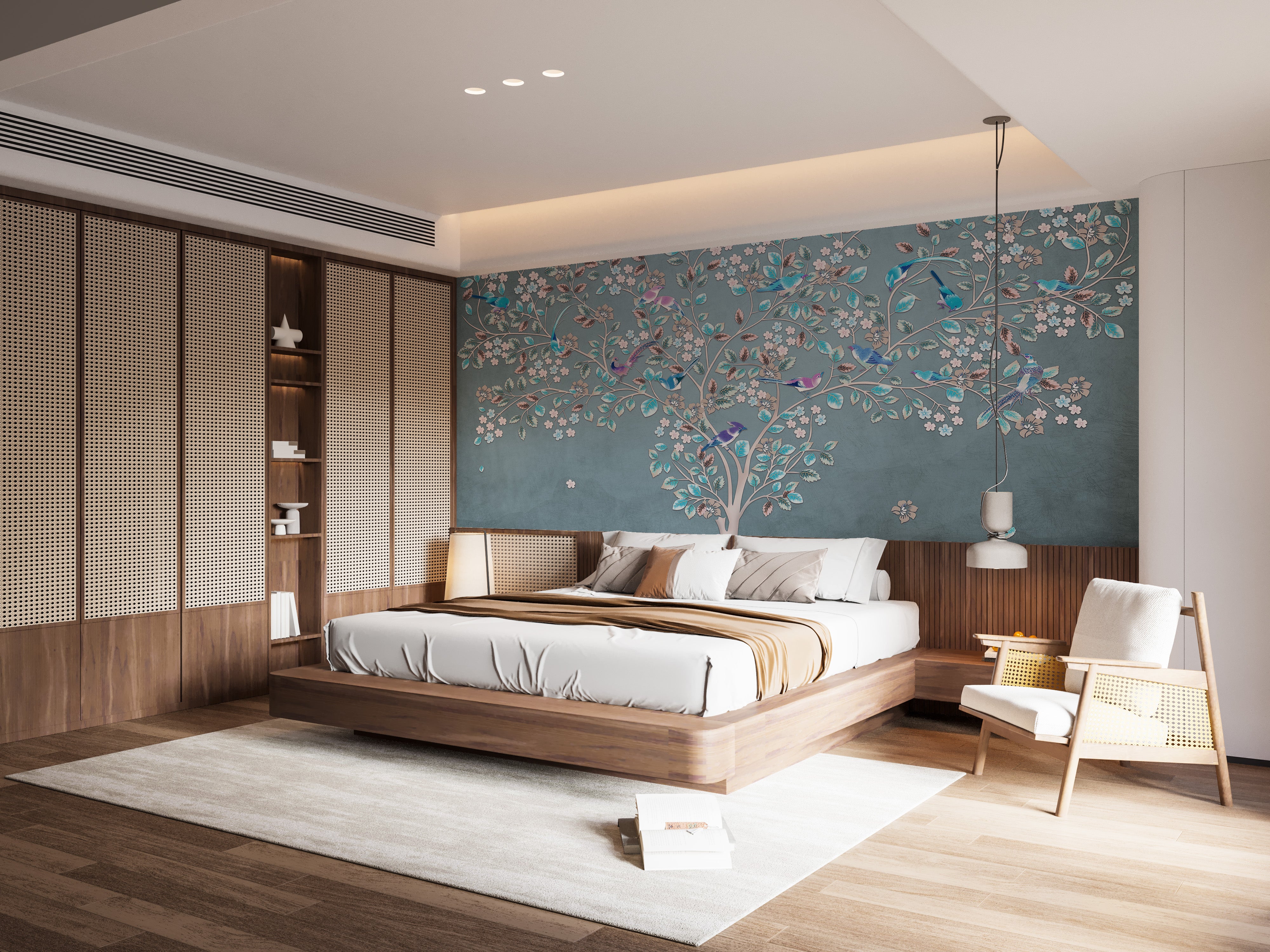 Azure Canopy Wall Mural with flora and fauna details