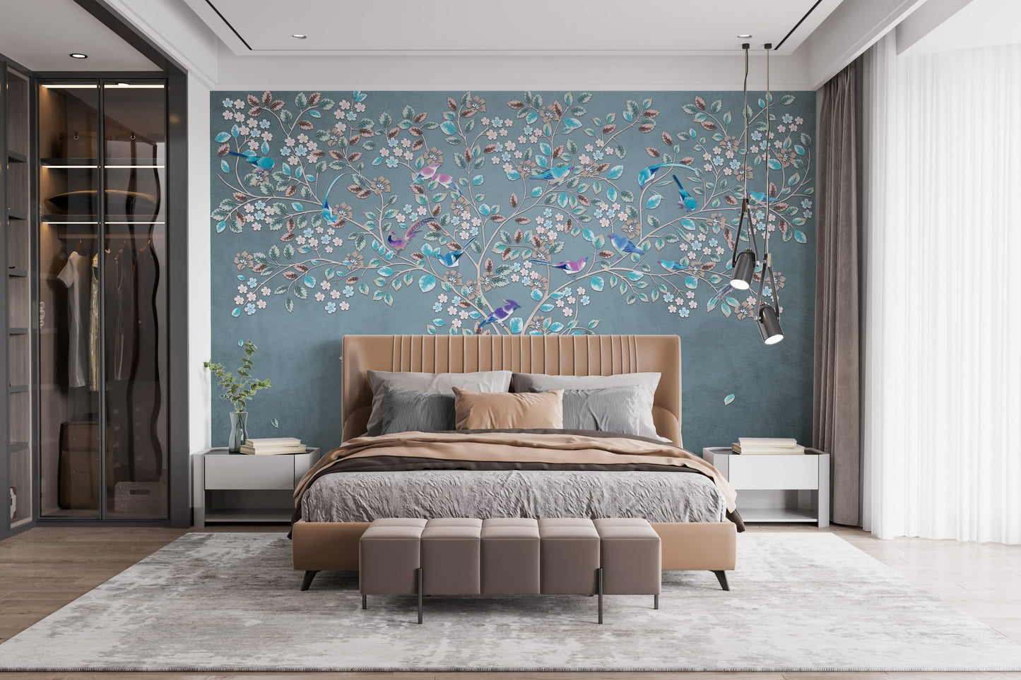 Azure Flora and Fauna Wall Mural for a mystical look