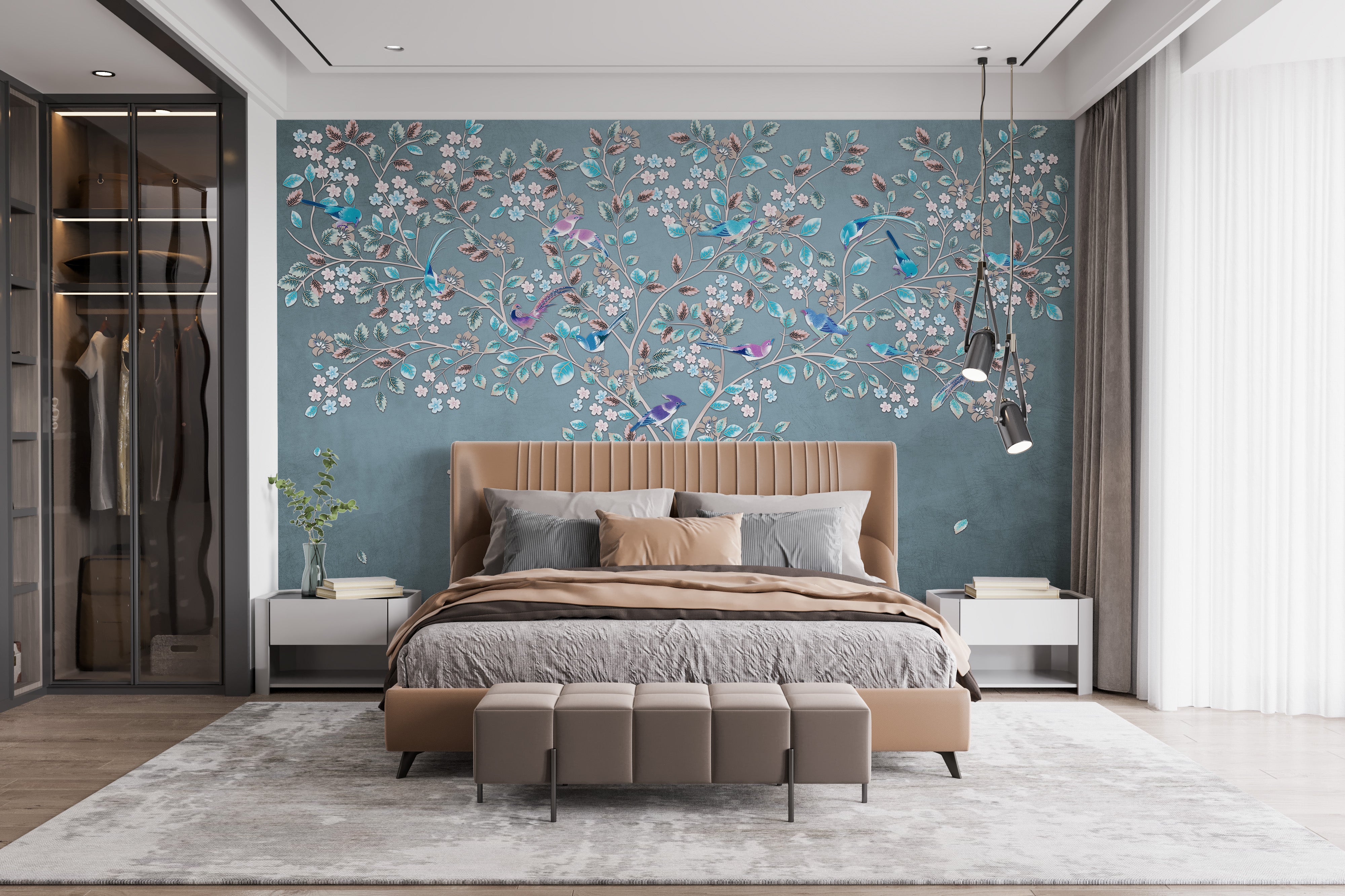 Azure Flora and Fauna Wall Mural for a mystical look