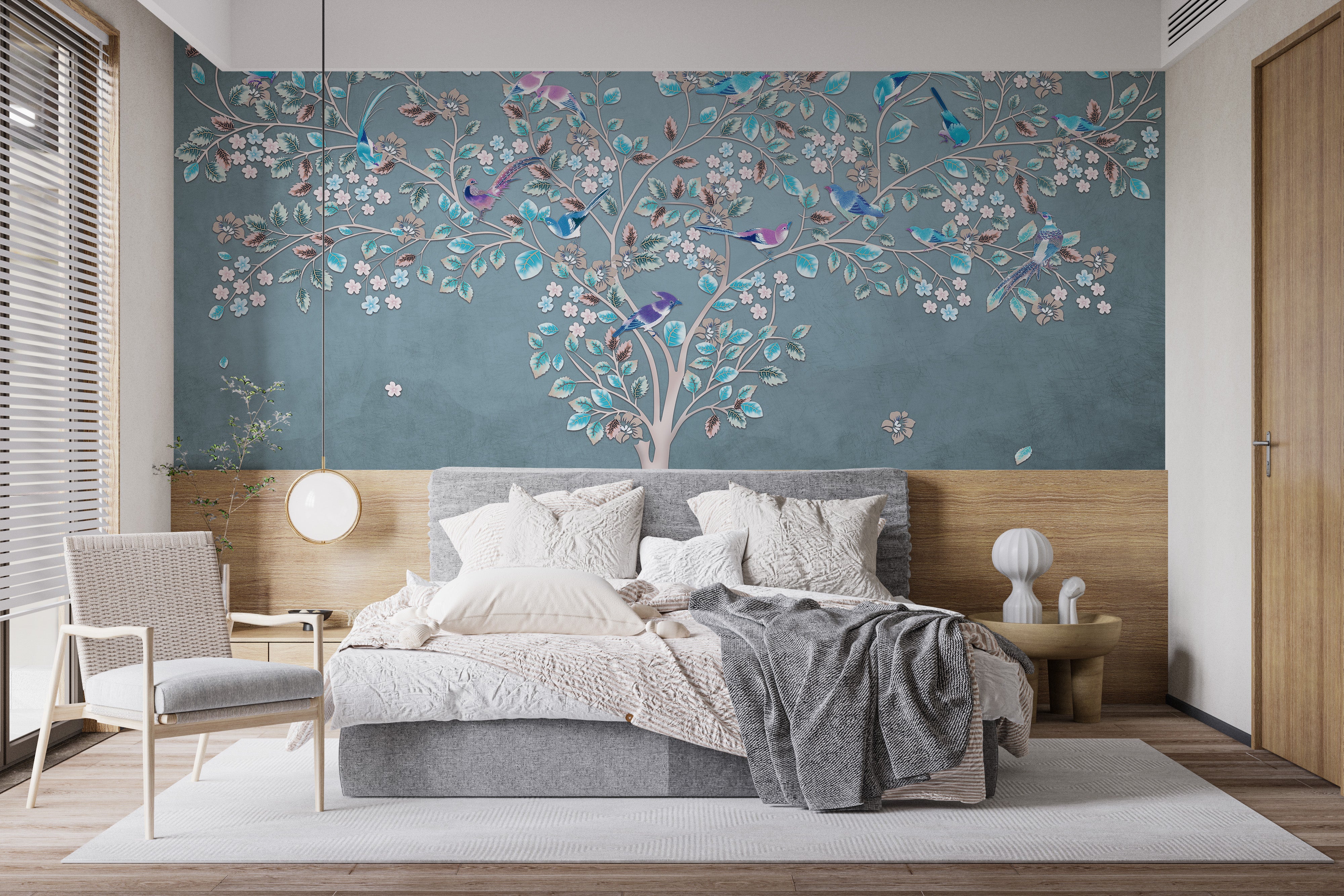 Mystic Azure Canopy Wall Mural with vibrant flora