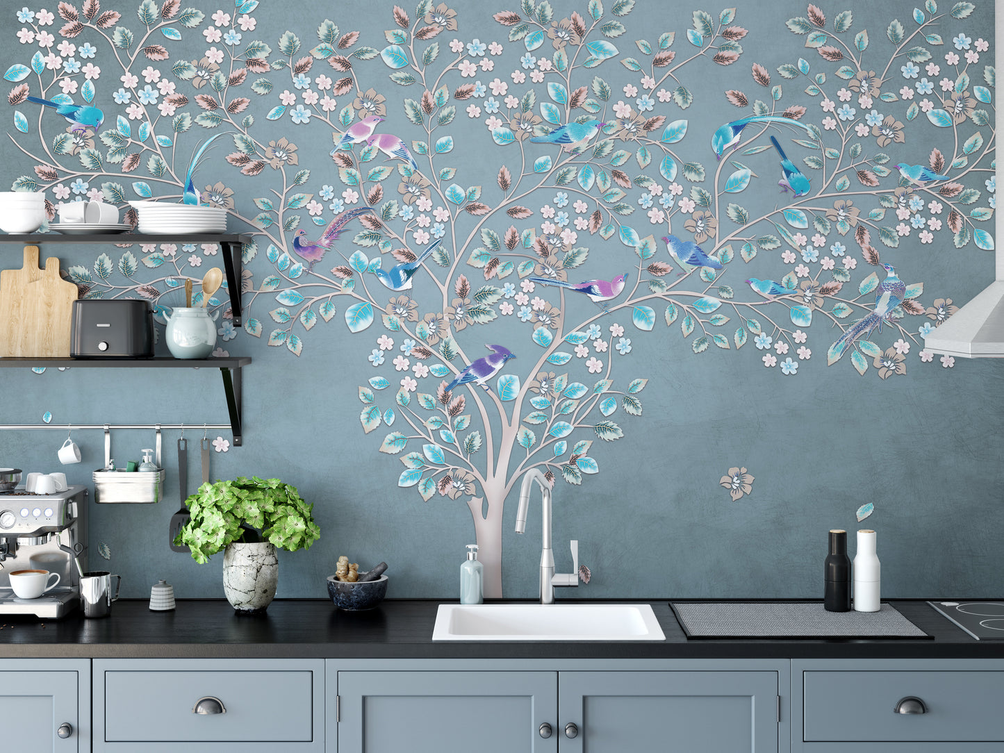 Azure Canopy Flora and Fauna Wall Mural for nature vibes