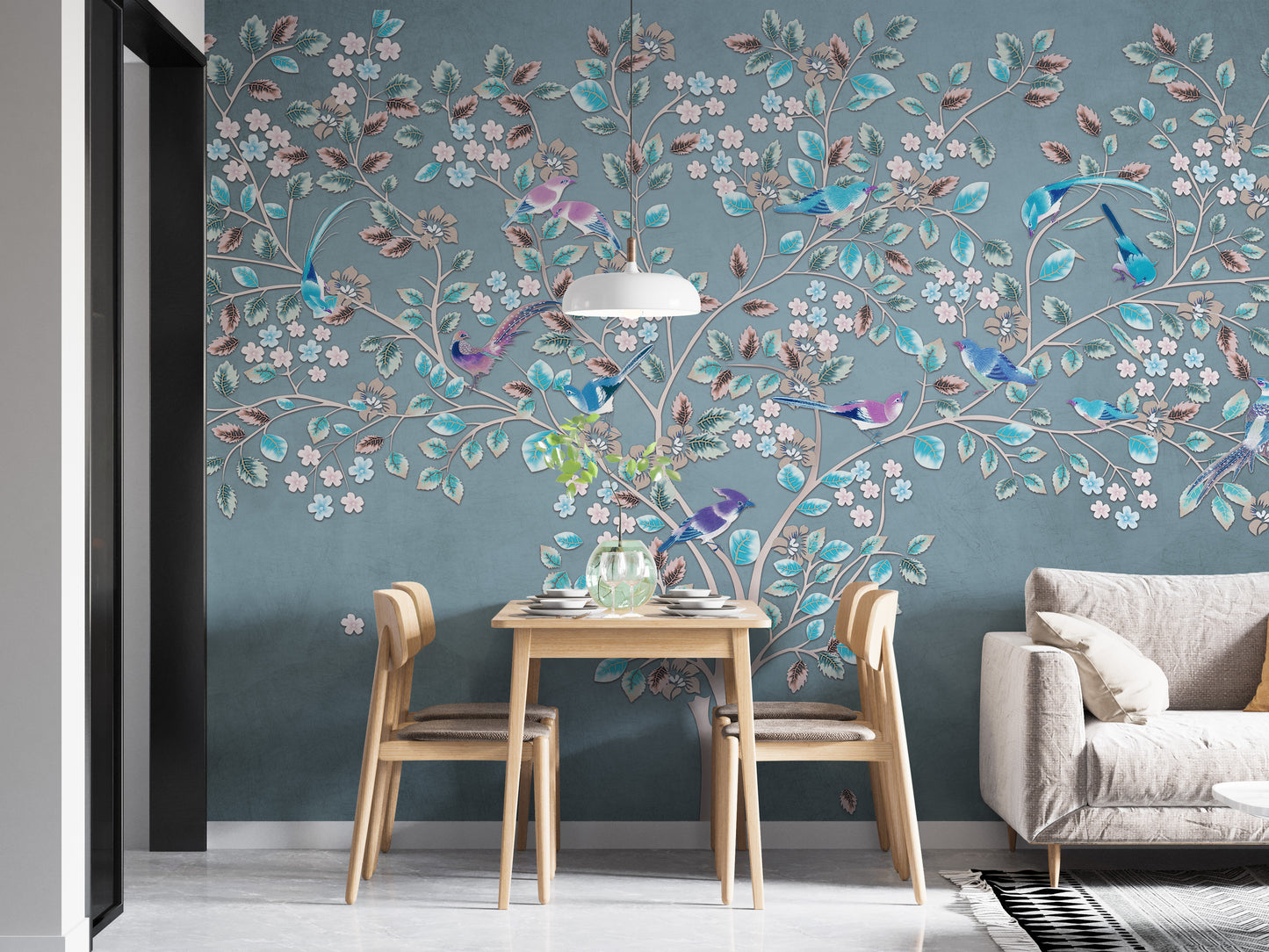 Mystic Azure Canopy Wall Mural with flora and fauna