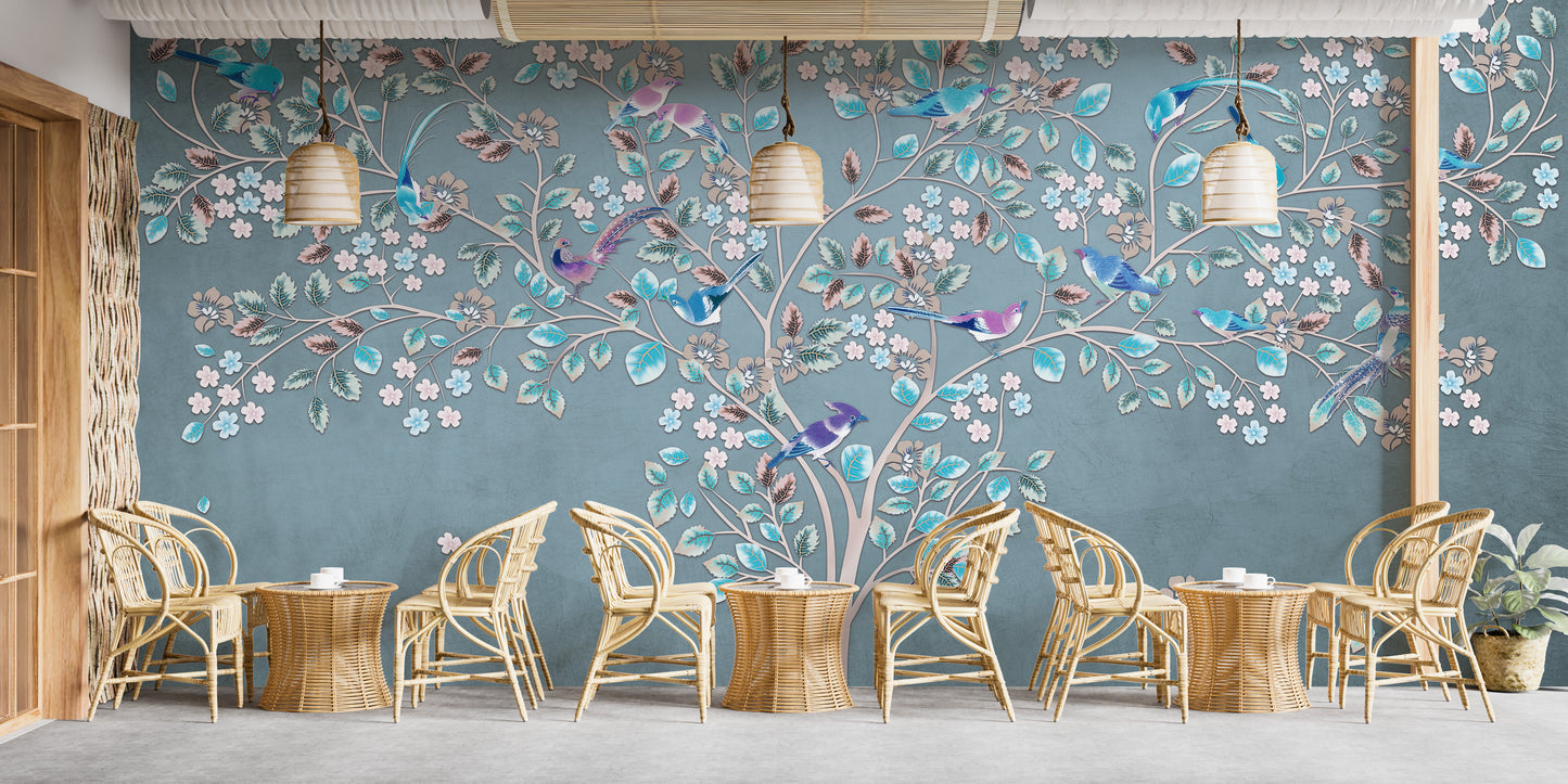 Azure Canopy Flora and Fauna Wall Mural for a serene vibe