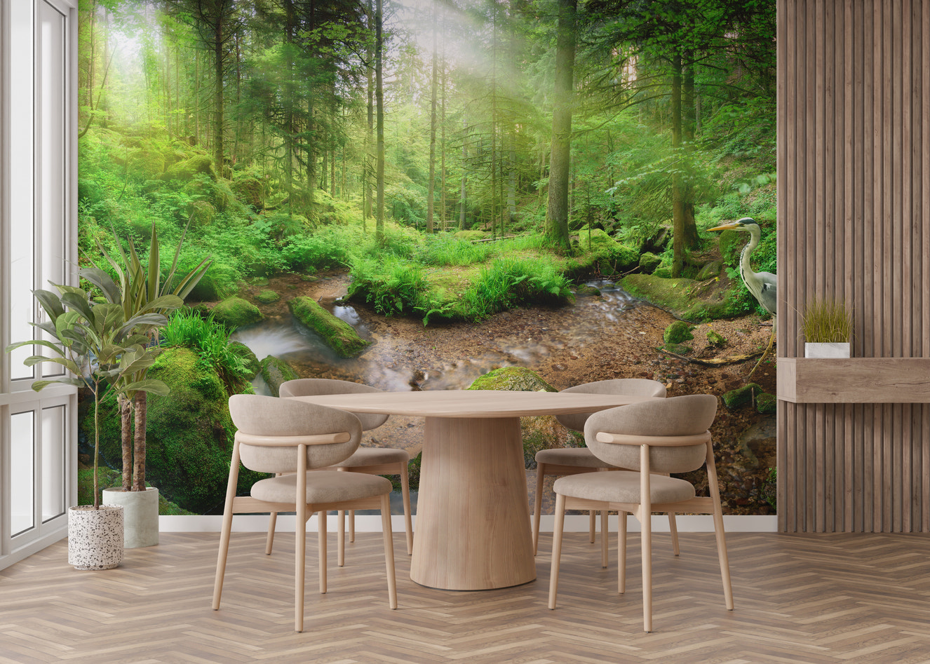 Ethereal Heron in Green Paradise Wall Mural for calm decor
