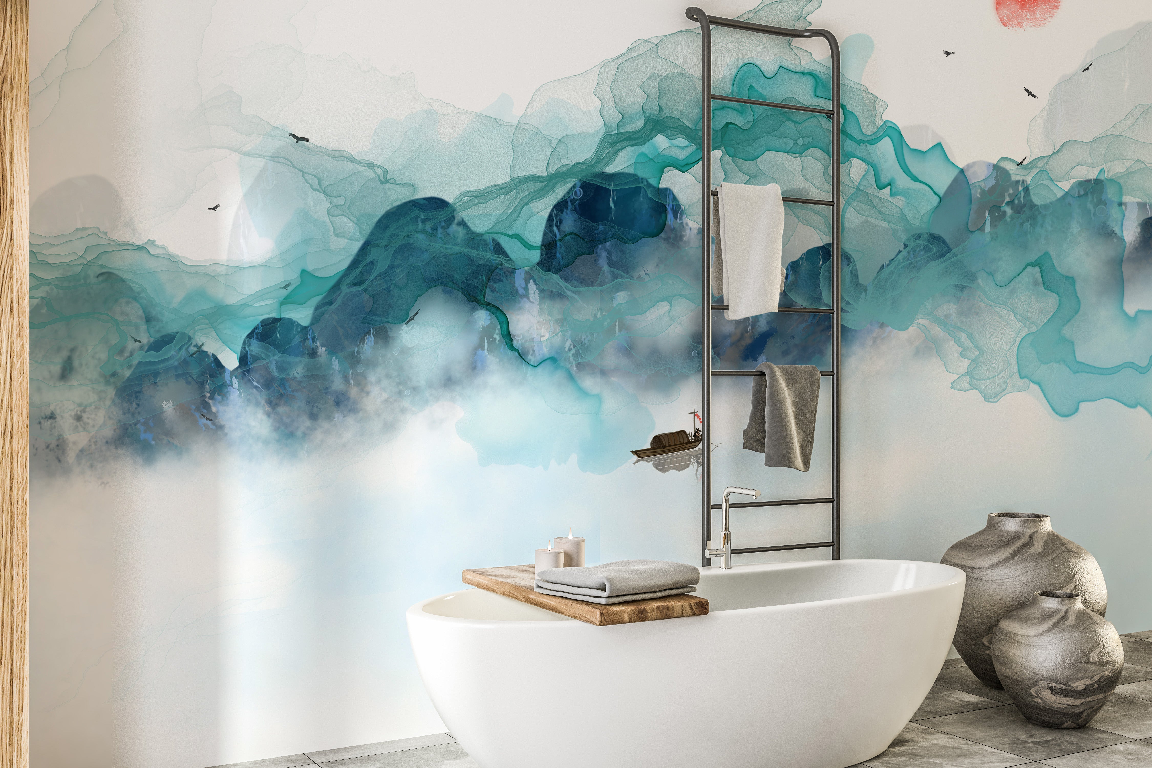 Aquatic Mountain Abstraction Wall Mural for Bold Walls
