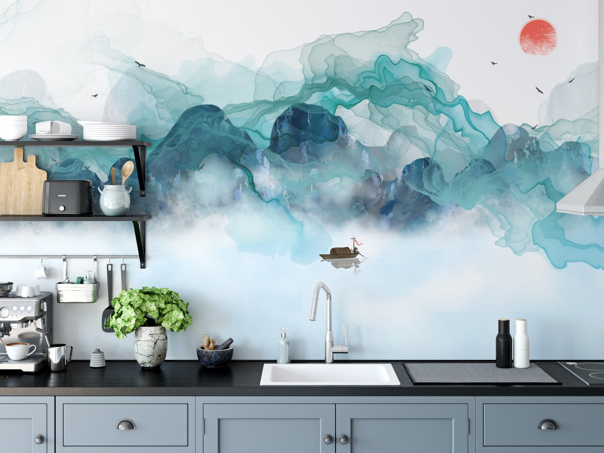 Aquatic Mountain Abstraction Wall Mural for Dynamic Rooms