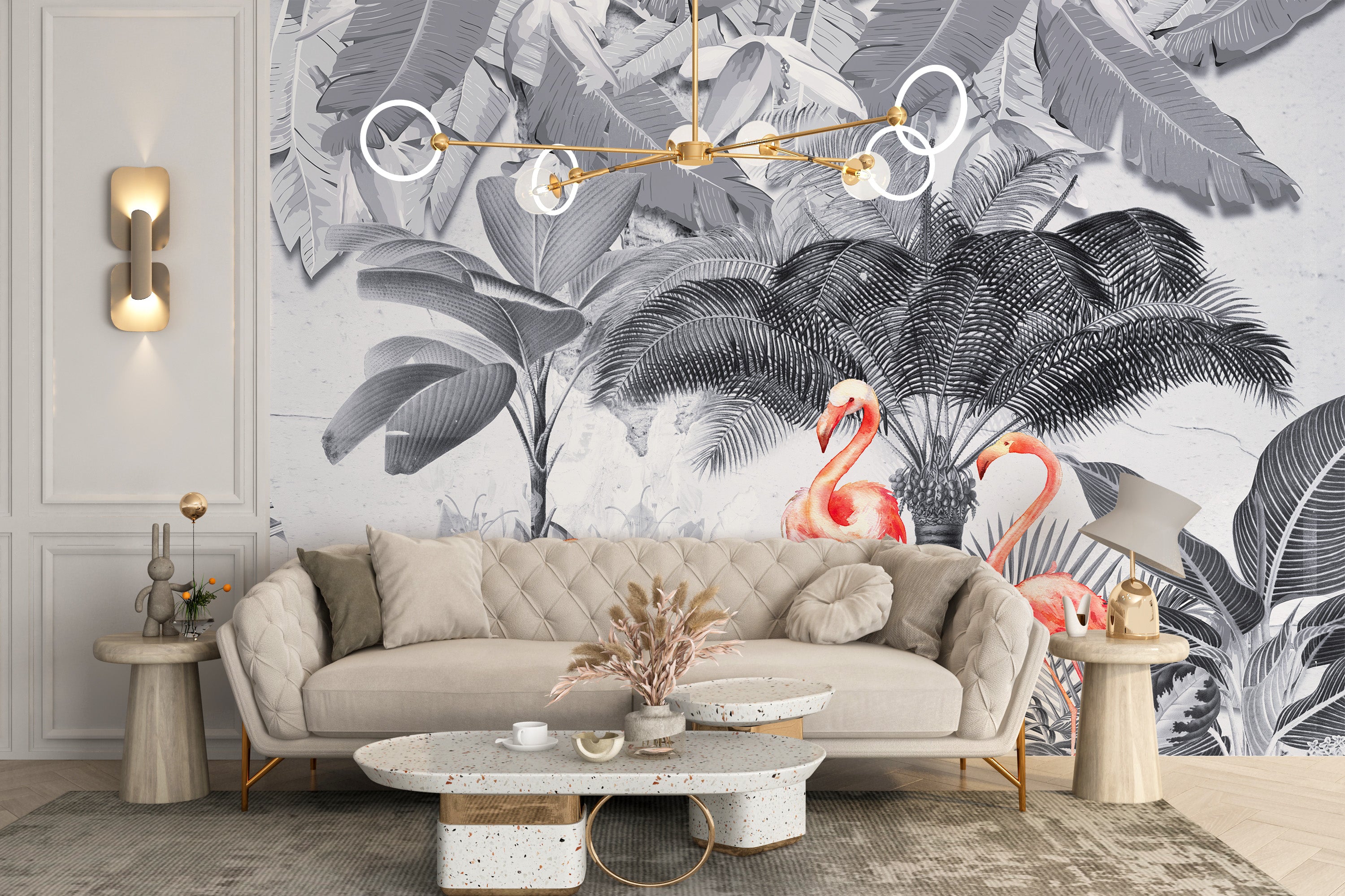 Flamingo Haven in Shades of Gray Wall Mural for Modern Spaces
