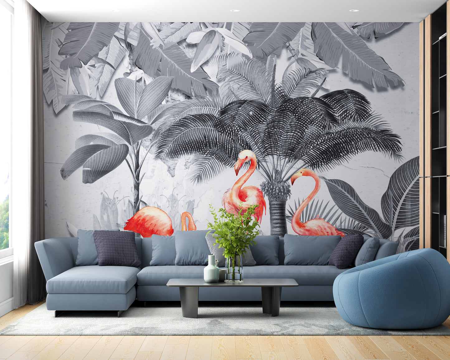 Flamingo Haven in Shades of Gray Wall Mural for Elegant Decor
