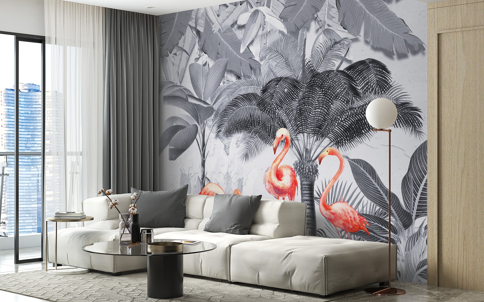 Flamingo Haven in Shades of Gray Wall Mural for Any Space
