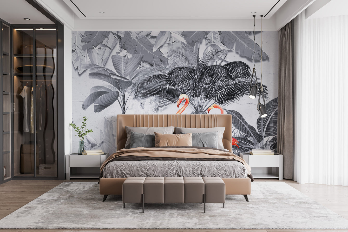 Flamingo Haven in Shades of Gray Wall Mural for Rooms
