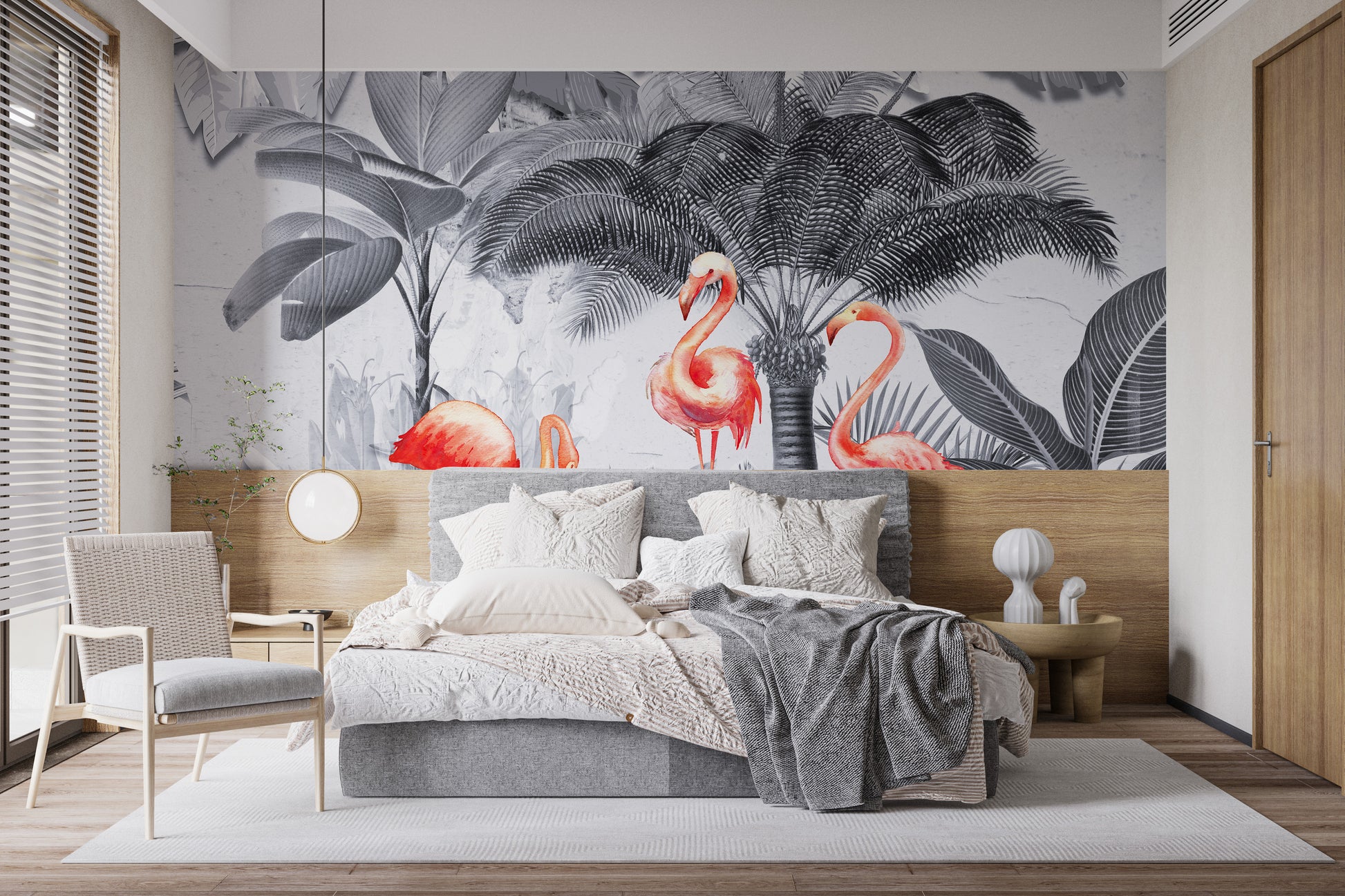 Flamingo Haven in Shades of Gray Wall Mural for Calm Aesthetic
