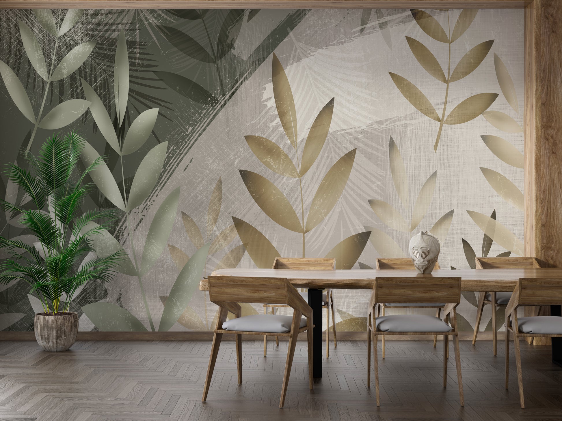 Green and Beige Foliage Delight Wall Mural for Cozy Spaces