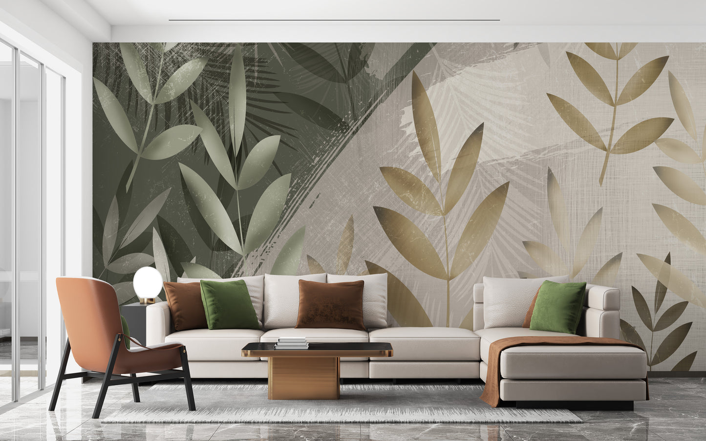 Green and Beige Foliage Delight Wall Mural for Serene Walls