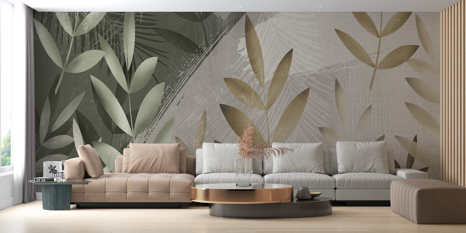 Green and Beige Foliage Delight Wall Mural for Stylish Rooms
