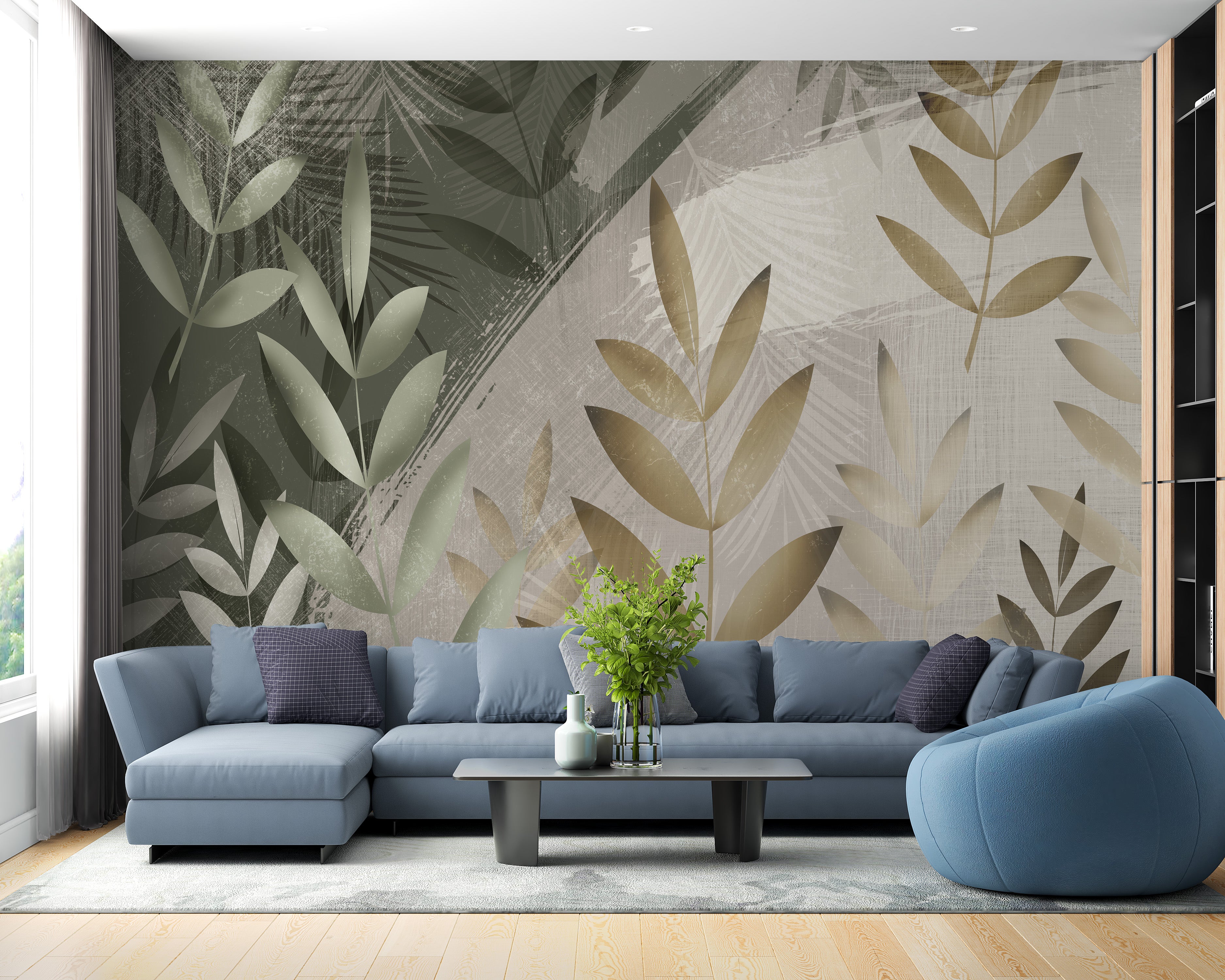 Green and Beige Foliage Delight Wall Mural for Earthy Decor