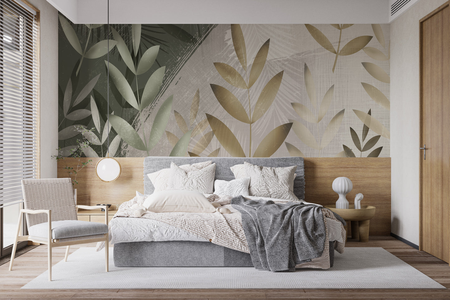 Green and Beige Foliage Delight Wall Mural for Tranquil Spaces