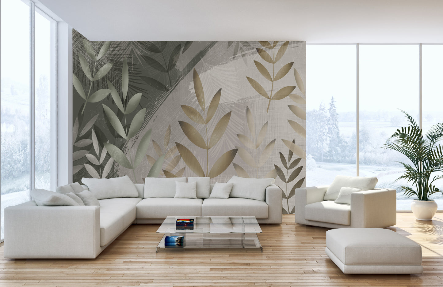 Green and Beige Foliage Delight Wall Mural for Any Space
