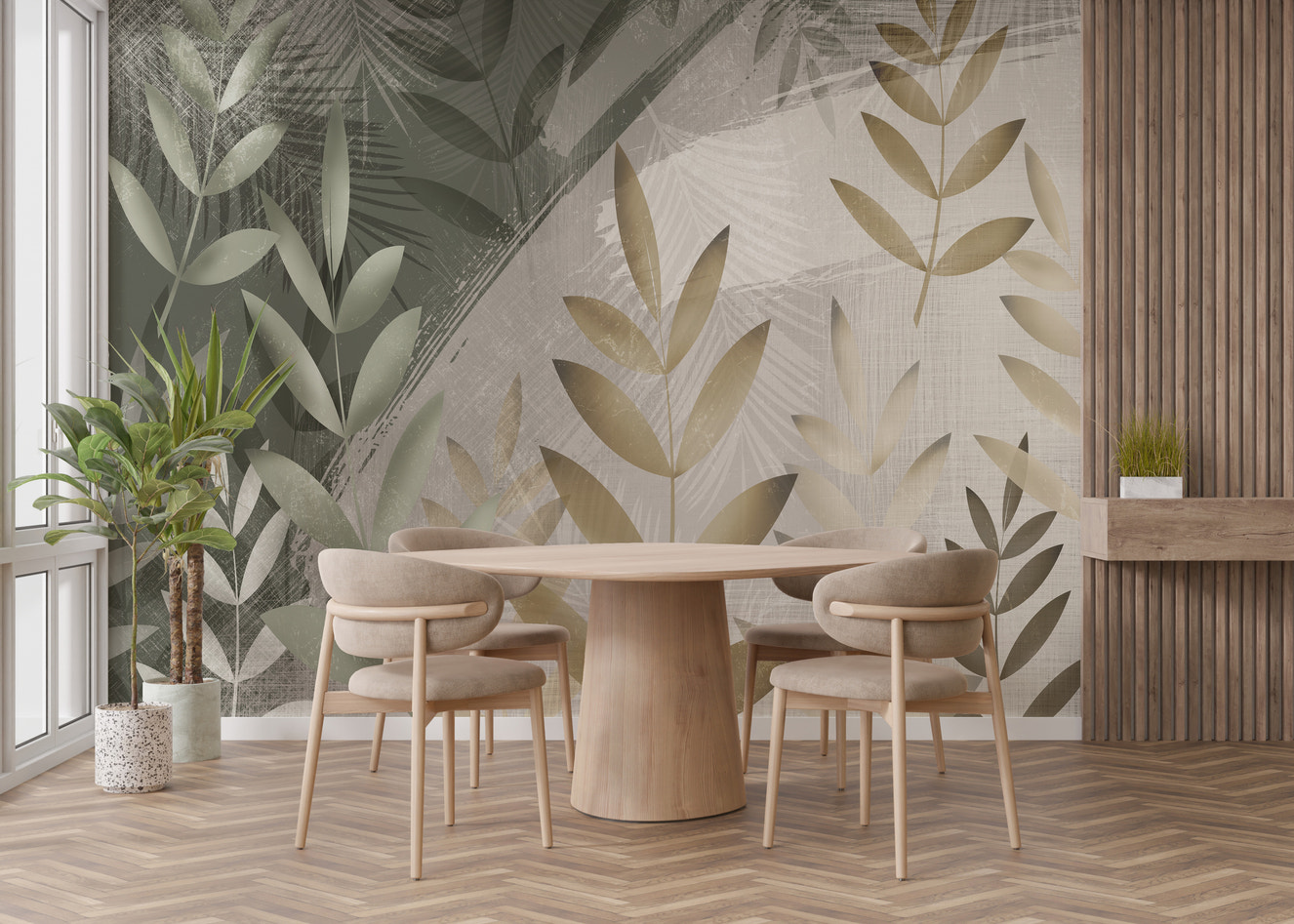 Green and Beige Foliage Delight Wall Mural for Rooms