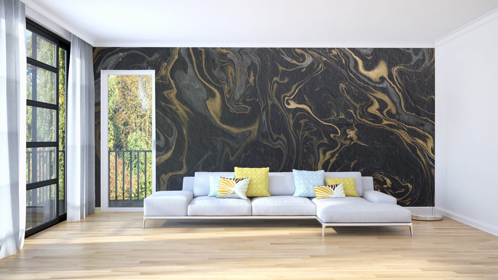 Luxurious Black and Gold Marble Mural for Walls
