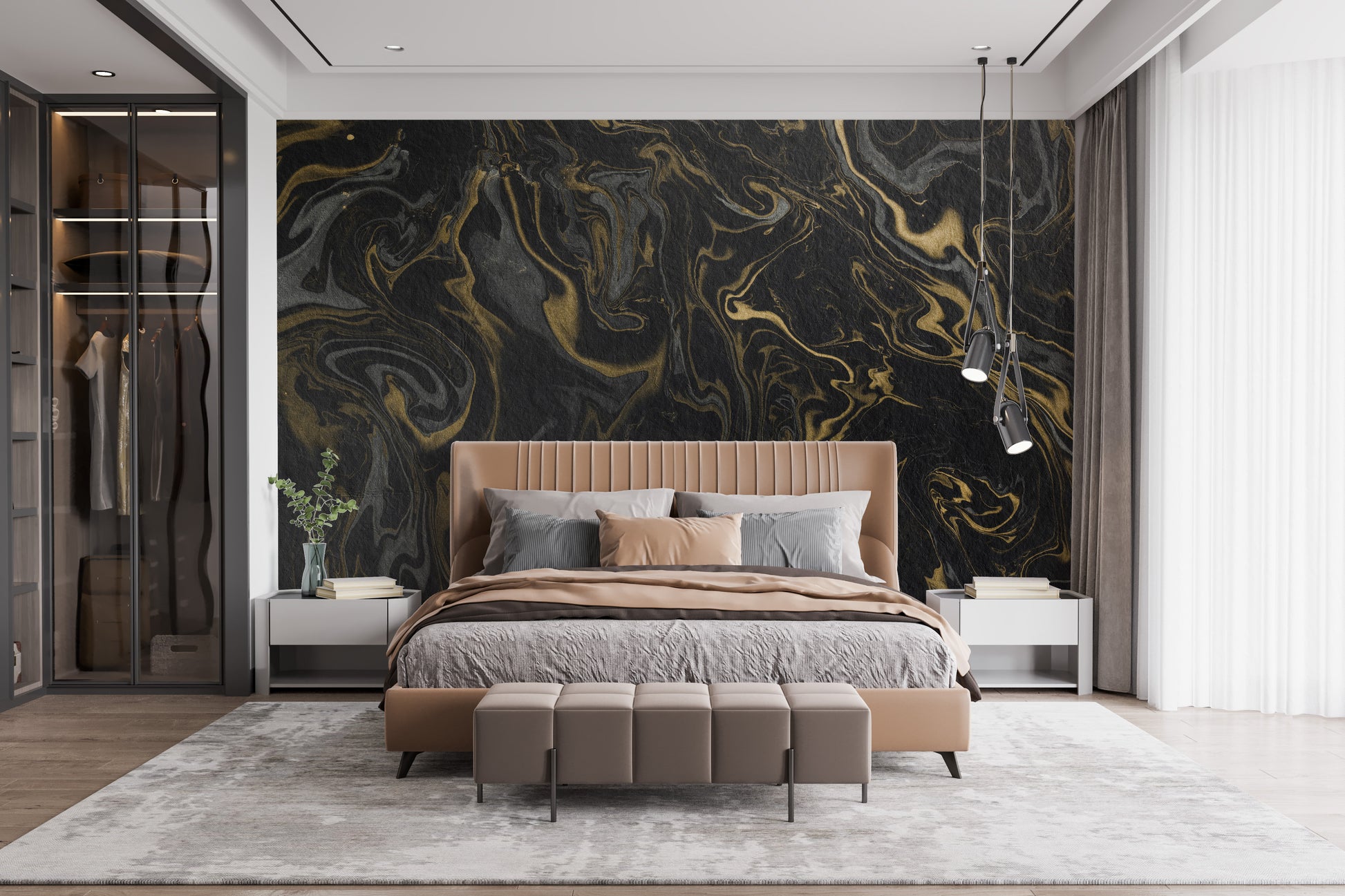 Luxurious Black and Gold Marble Wall Mural Design
