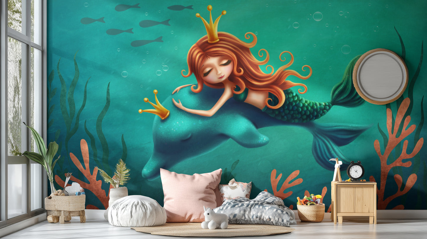 Beautiful Mermaid and Dolphin Ride Mural for Walls
