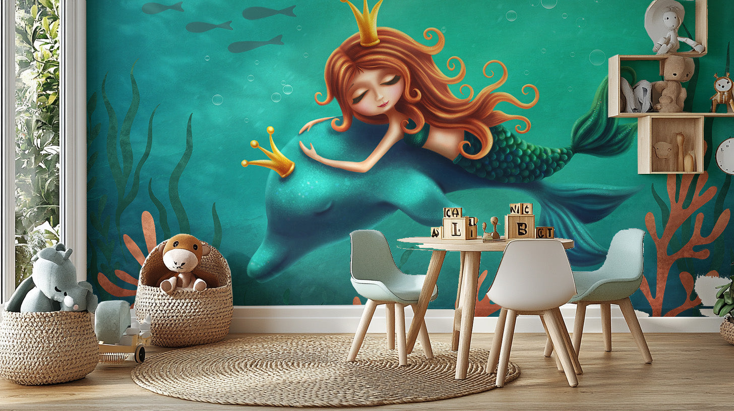 Mermaid and Dolphin Ride Wallpaper Mural for Home Decor
